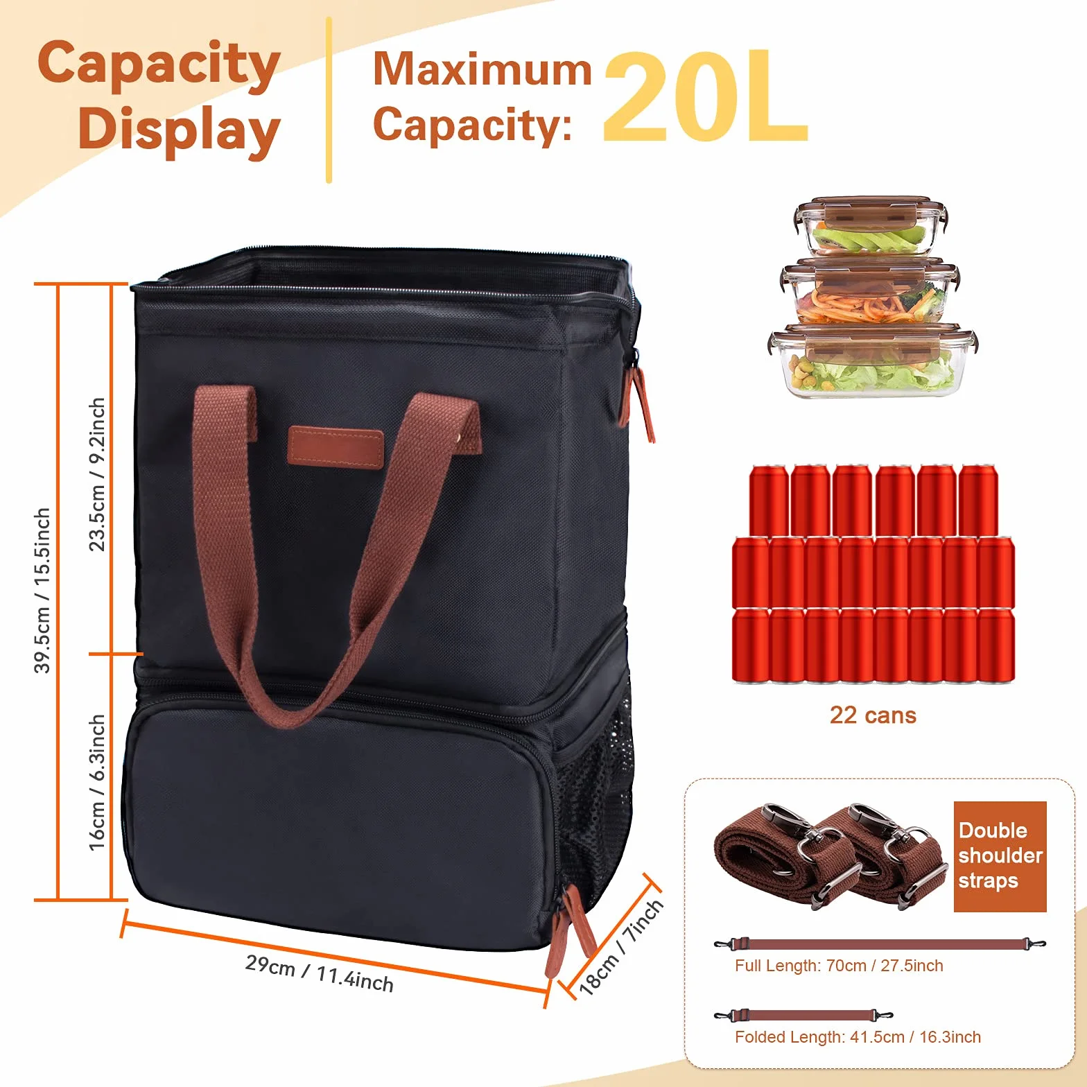 Borsa Zaino Termico 20L Doppio Strato Isoterma Porta Pranzo Nero