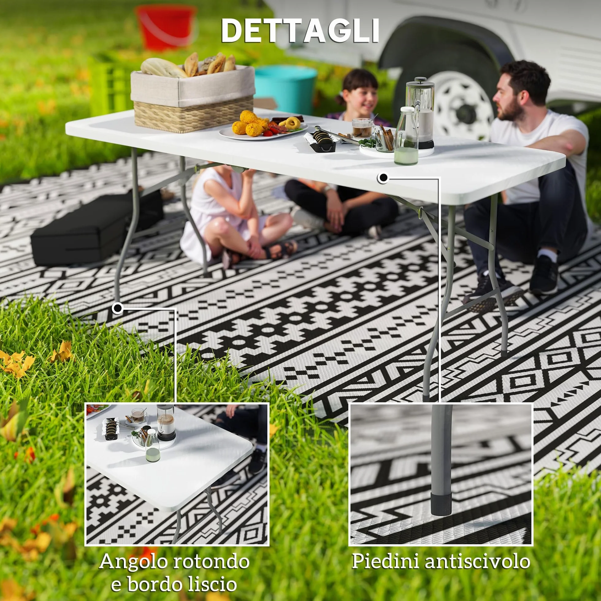 Outsunny Tavolo da Campeggio Pieghevole 180x74x74 cm Bianco, Tavolino da Esterno con Telaio in Metallo