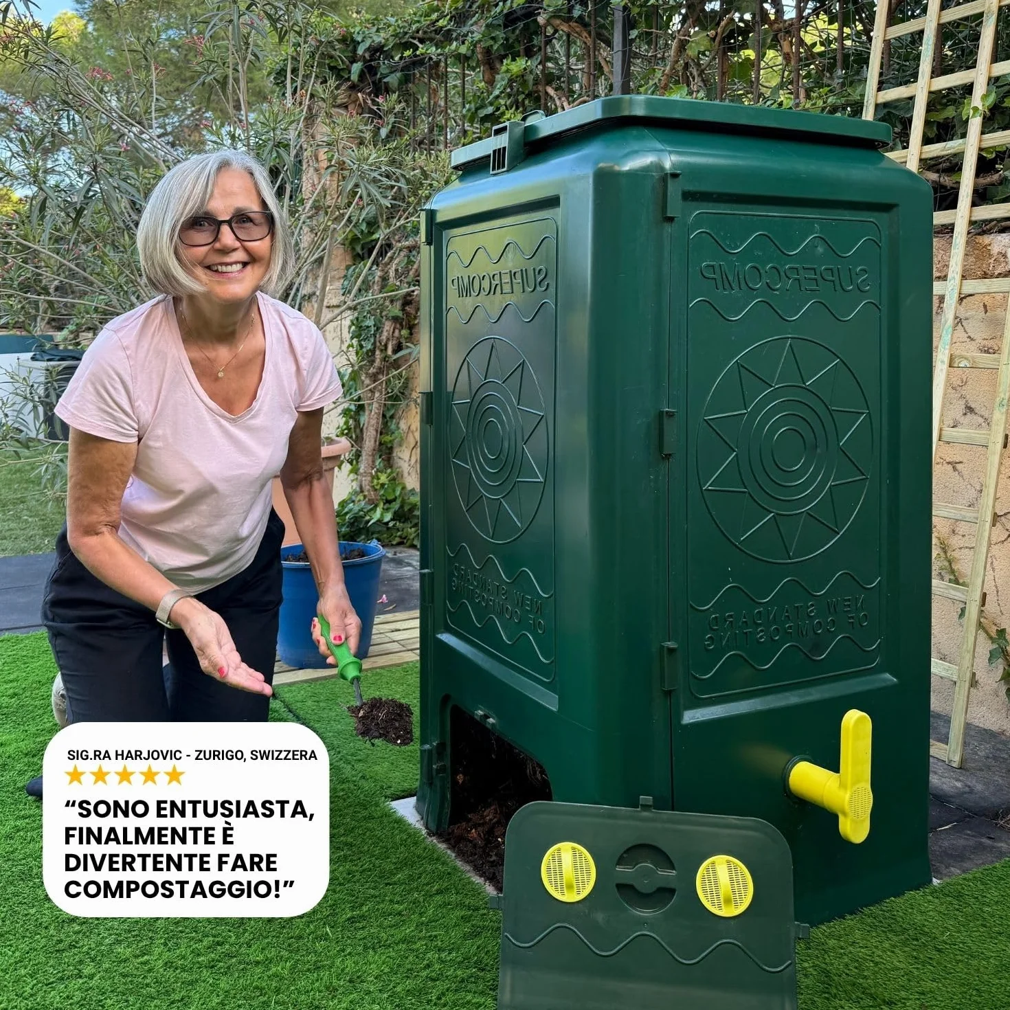 Compostiera 350Lt, Protezione Totale Anti-Roditori e Topi, Senza Cattivi Odori e rivoltamento compost, Aerazione Verticale, Resistente ai Raggi UV e al Gelo, Piano Base Incl.