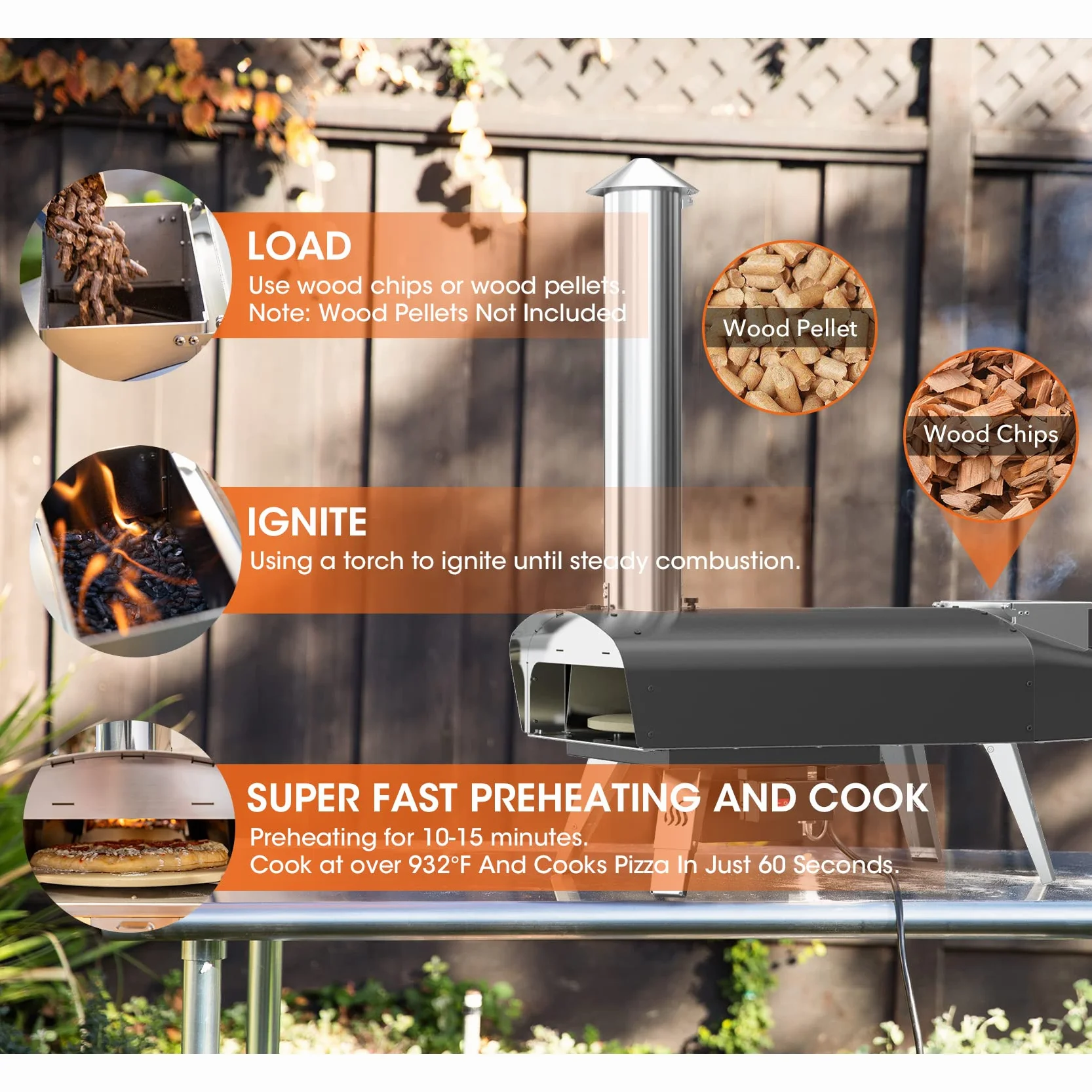 Mimiuo Forno per Pizza a Pellet con Pala e Pietra, Sistema Grill Rotante Automatico, Nero