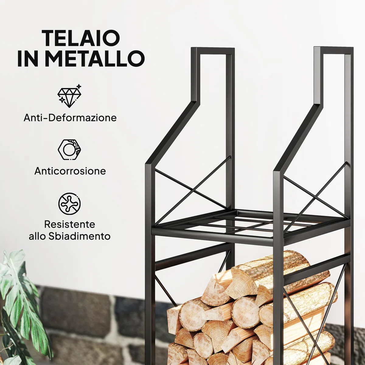 Outsunny Portalegna da Interno Rialzato a 2 Livelli, Legnaia in Metallo 60 kg, 34x30x80 cm, Nero