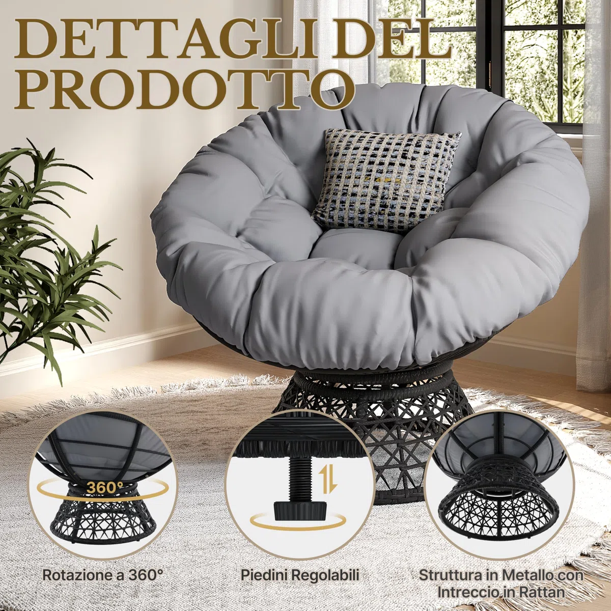 Yaheetech Poltrona da Giardino Girevole 360° Rattan Sedia a Dondolo Rotonda Papasan Cuscino Diametro 120 cm Nero Grigio