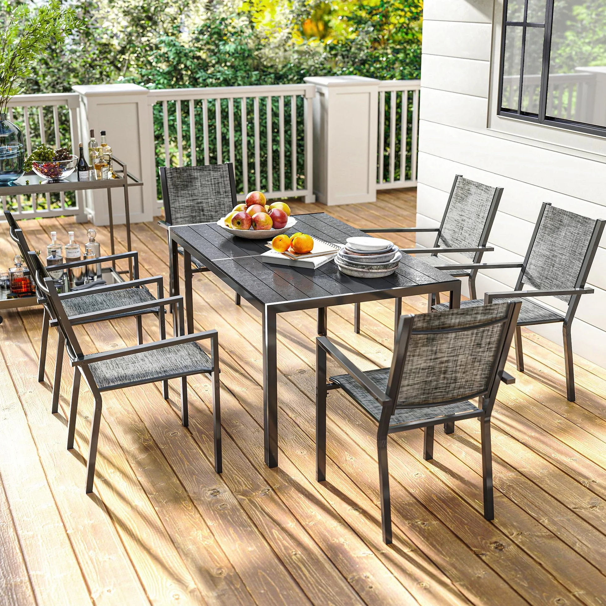 Outsunny Set Tavolo da Giardino 7 Pezzi, Pranzo con Sedie Impilabili, Acciaio Texteline Grigio Nero