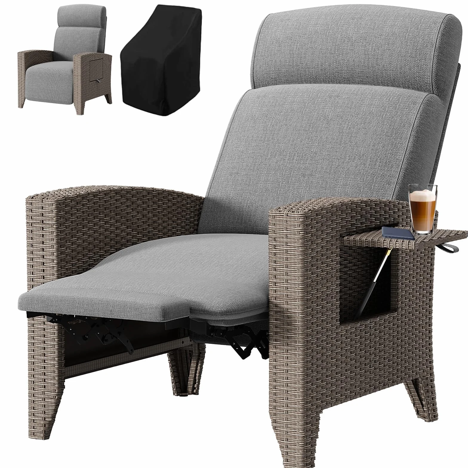 Sedia da Giardino in Rattan, Sedia Sdraio Imbottita da Casa, Portata 200 Kg, Schienale Regolabile a 160°, Tavolino Laterale Integrato, Adatta Per Giardino, Piscina, Balcone (Grigio Marrone, 1pack)