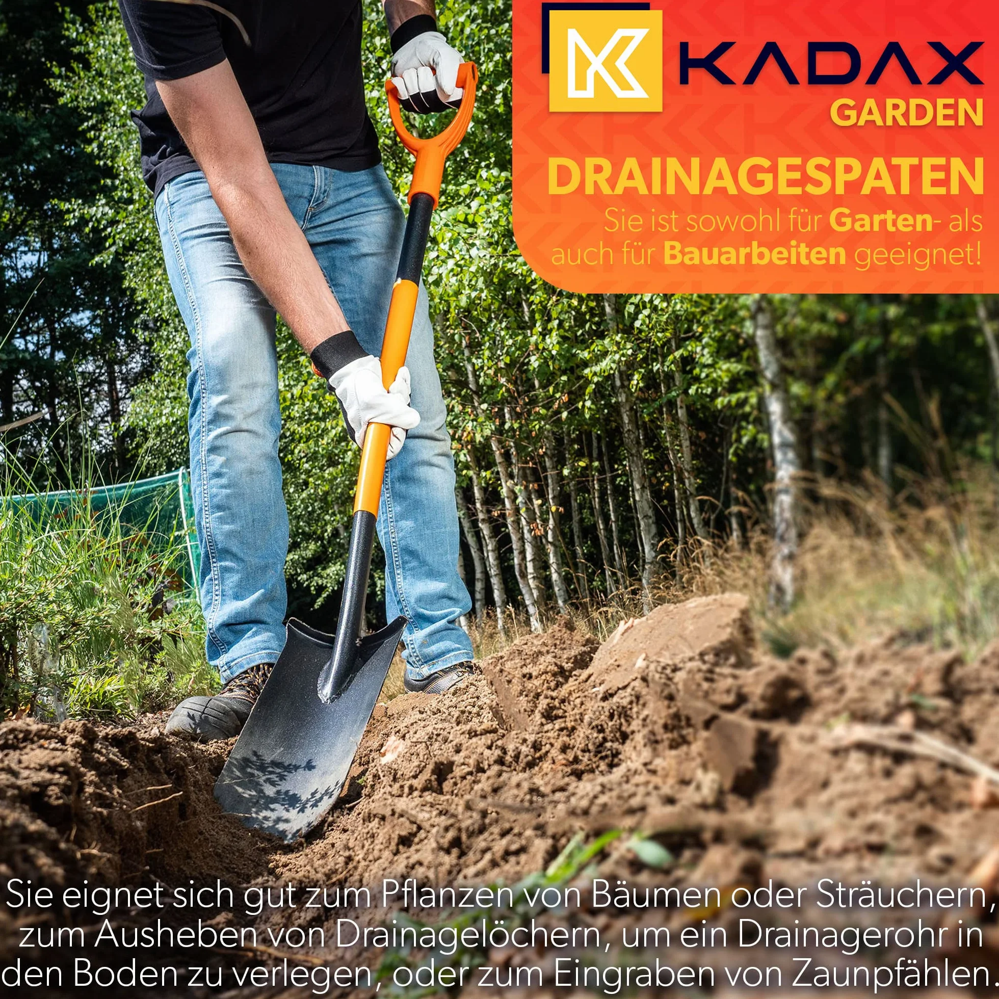Spaziali di drenaggio Kadax, sponsor di drenaggio con mantello D, pala in acciaio, pala di pizzo con stelo, vanga da giardino ai fori, paletta di drenaggio, vanga (121 cm, nero/arancione)