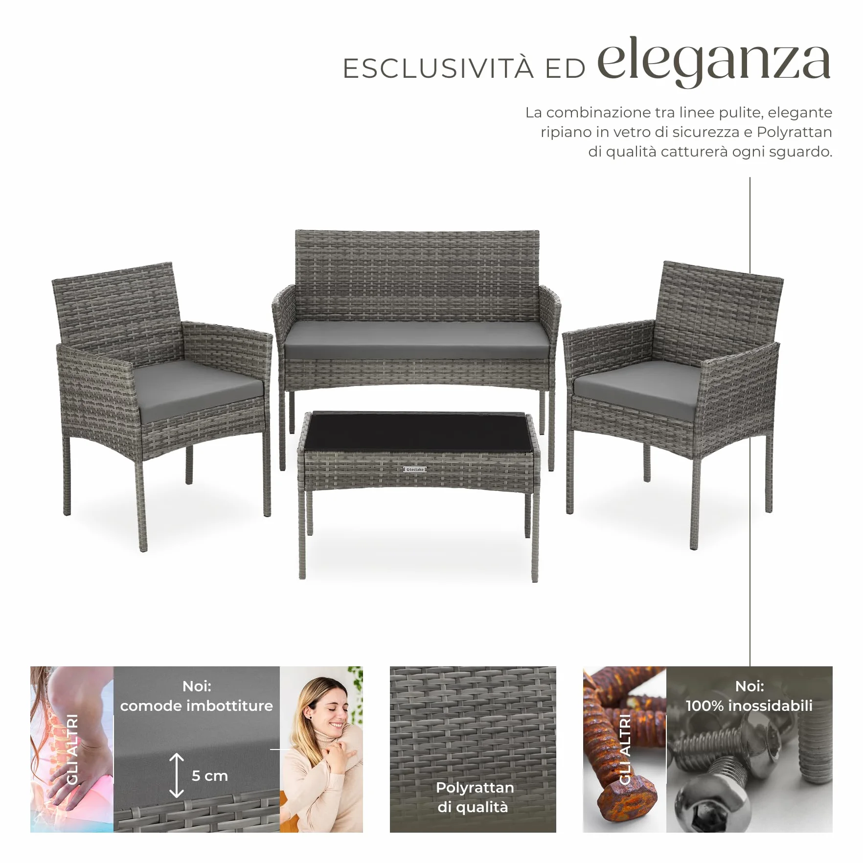 Tectake Set da Giardino in Rattan 4 Posti Polyrattan Resistente Cuscini Idrorepellenti Lavabili Tavolino Vetro di Sicurezza Grigio