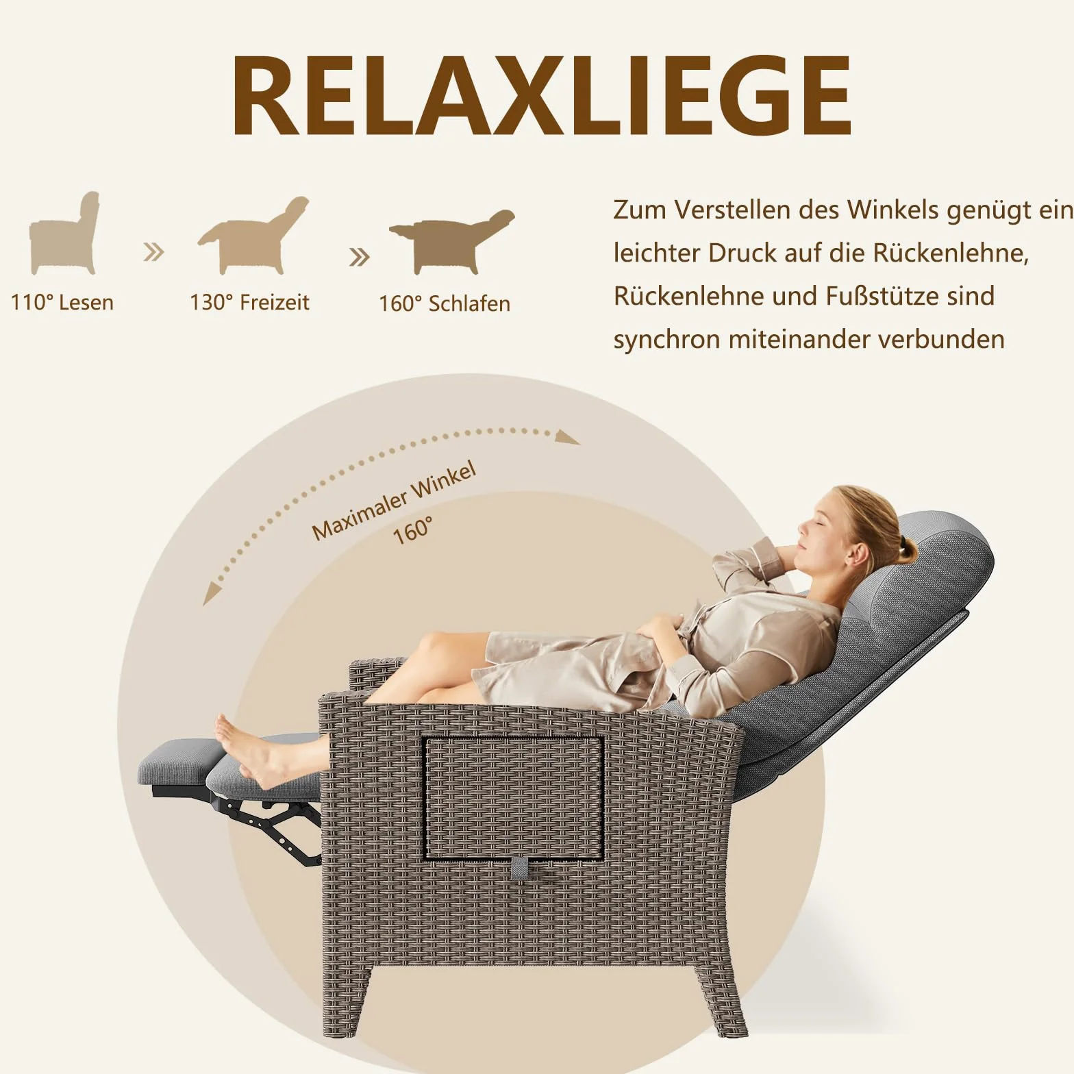 Sedia da Giardino in Rattan, Sedia Sdraio Imbottita da Casa, Portata 200 Kg, Schienale Regolabile a 160°, Tavolino Laterale Integrato, Adatta Per Giardino, Piscina, Balcone (Grigio Marrone, 1pack)