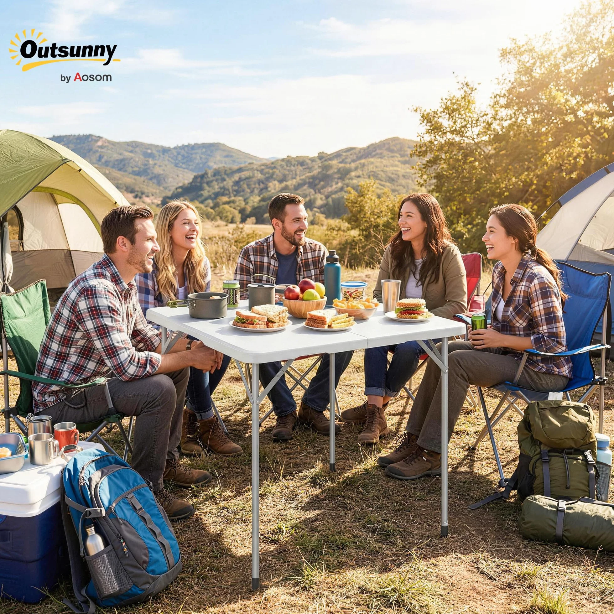 Outsunny Tavolo da Campeggio Pieghevole Quadrato 86x86x74 cm Bianco