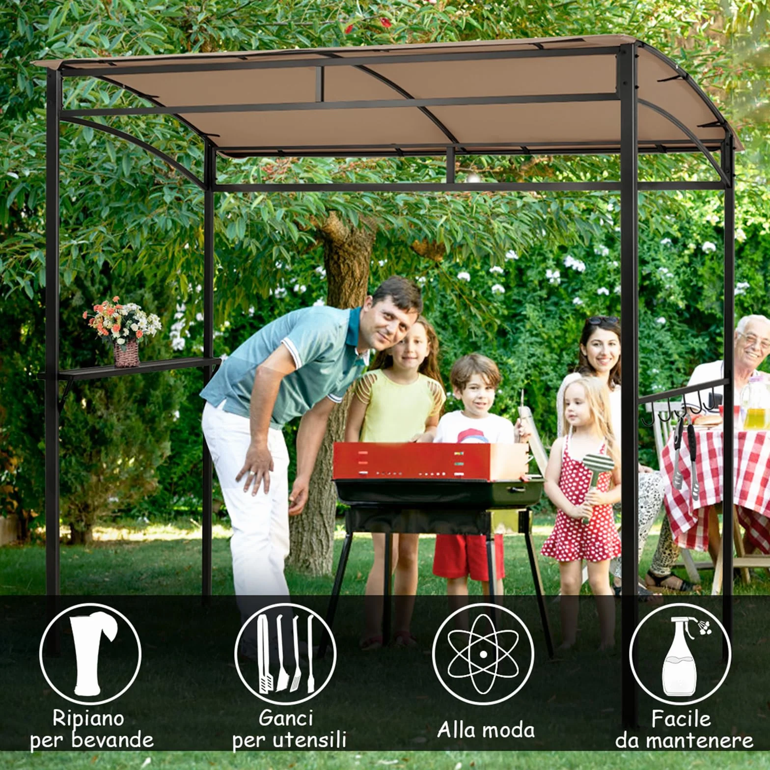 COSTWAY Gazebo per Barbecue 216x134x211 cm Pergola da Giardino con Ripiano e Ganci