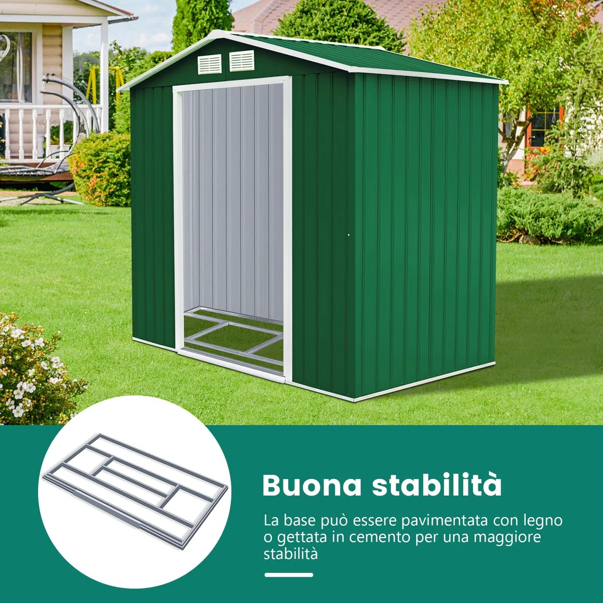 RELAX4LIFE Casetta da Giardino per Attrezzi, 213 x 127 x 185 cmin Lamiera d'Acciaio e e Lamiera Zincata con Doppie Porte Scorrevoli, Tetto Inclinato, per Porta Attrezzi, Tosaerba, Verde