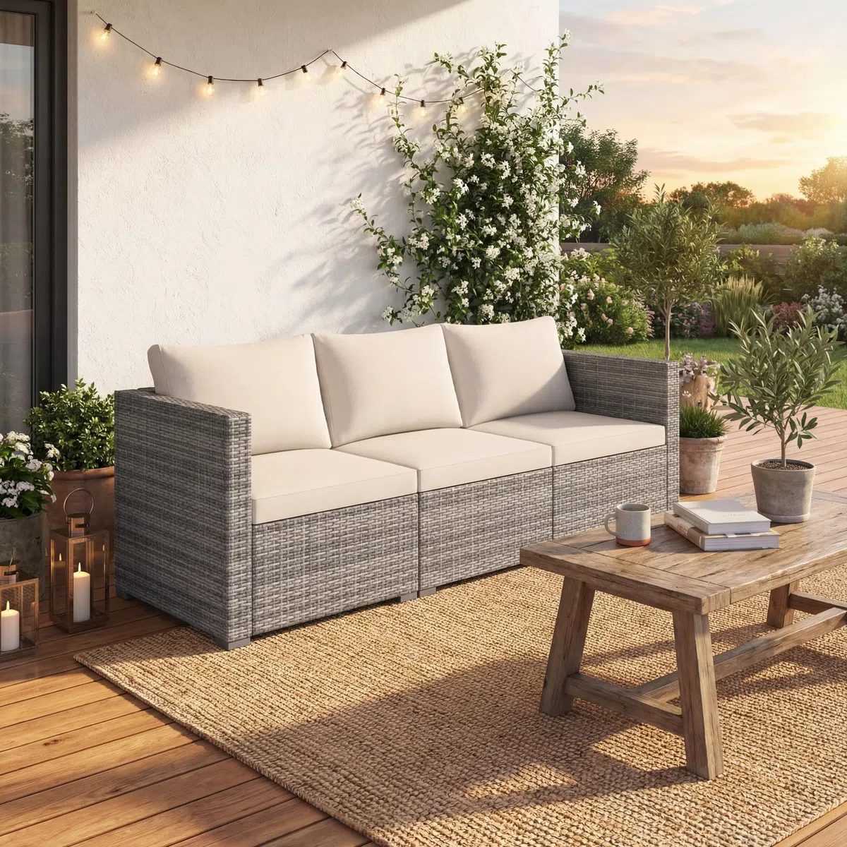 GIANTEX Divano da Giardino a 3 Posti in Rattan con Cuscino Imbottito, Mobili per Terrazza e Balcone, Colore Beige/Grigio, 193 x 67 x 61,5 cm (Beige)