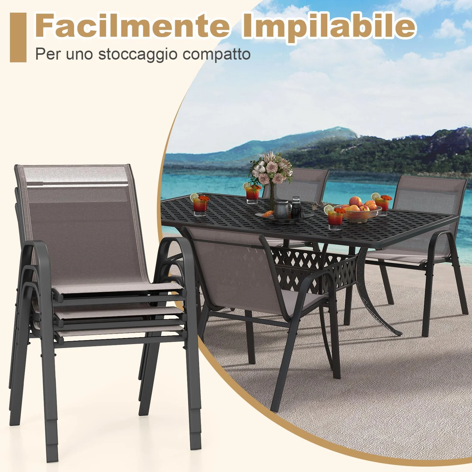 COSTWAY Set di 2 Sedie da Giardino in Textilene Impilabili Metallo 150 kg Grigio