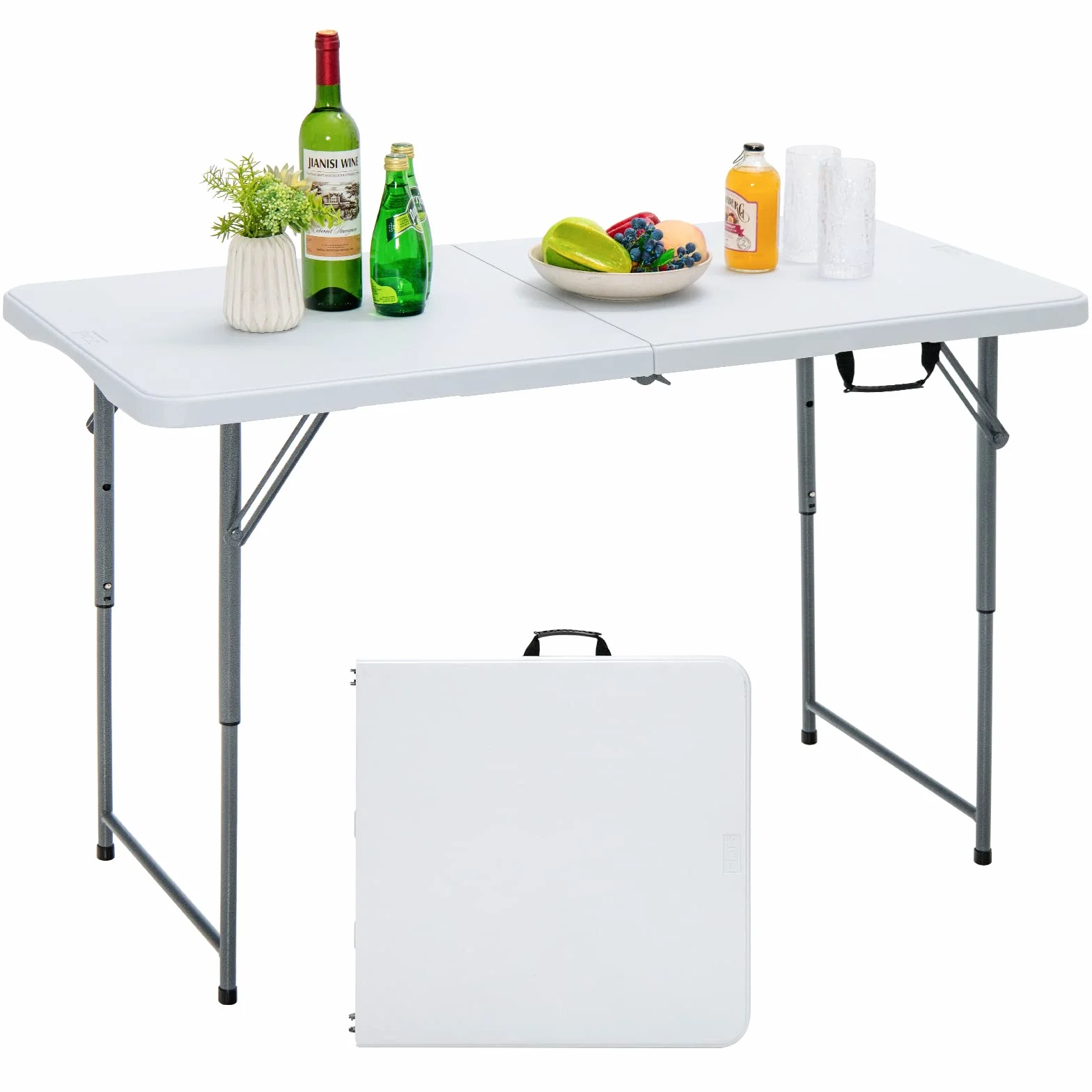 KOMFOTTEU Tavolo Pieghevole Regolabile in Altezza 120x60x74,5 cm Bianco HDPE Ferro Campeggio Picnic