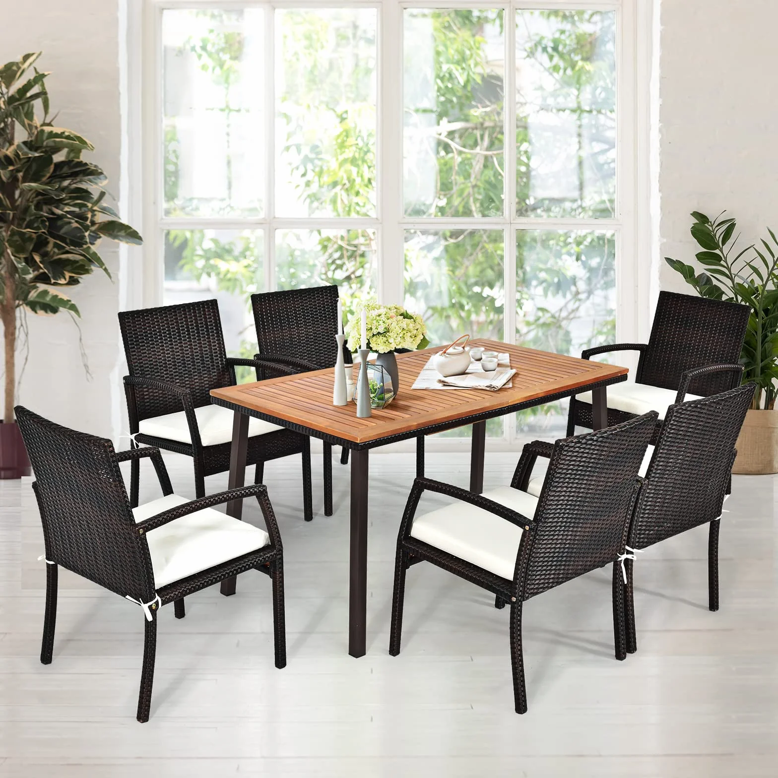 KOMFOTTEU Tavolo da Giardino Rettangolare con Foro per Ombrellone, Tavolo da Esterno in Legno di Acacia, Tavolo da Pranzo con Gambe in Metallo per 6-8 Persone, 140 x 75 x 76 cm