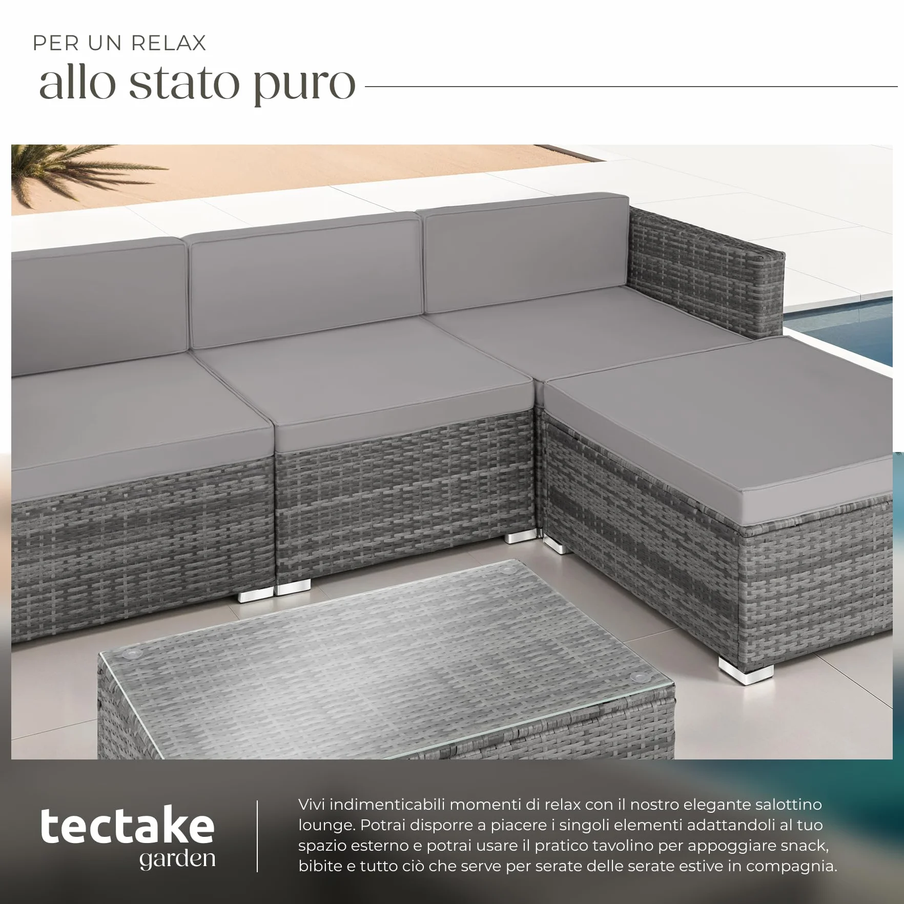 Tectake Salottino in Rattan Firenze Set Giardino 3 Poltrone 1 Pouf Tavolo Cuscini 8cm Grigio