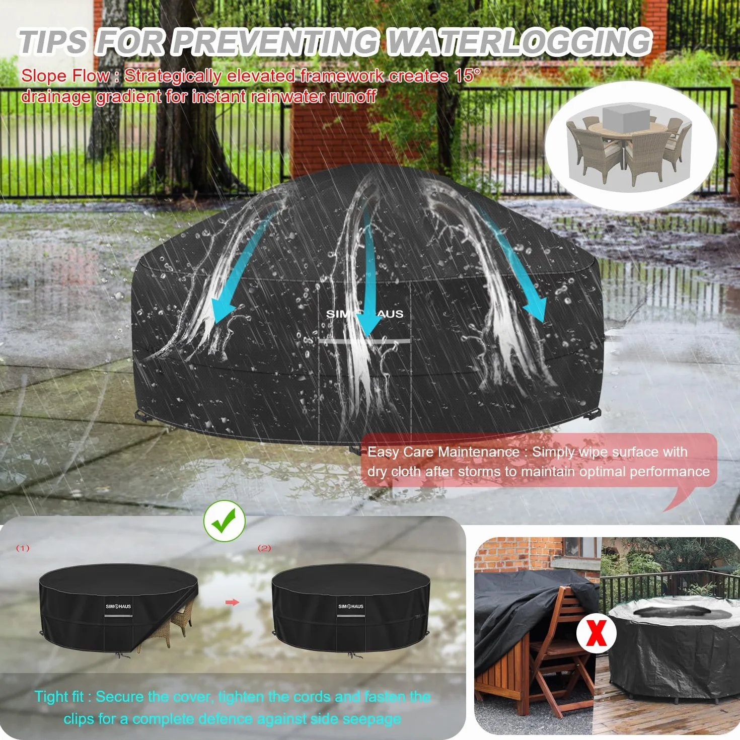 Copritavolo Rotondo da Esterno Copertura SPA Gonfiabile Telo rotondo Copri Mobili da Giardino Copritavolo Impermeabile Tessuto Oxford 420D Antivento Antipolvere Anti-UV Ø200x80cm