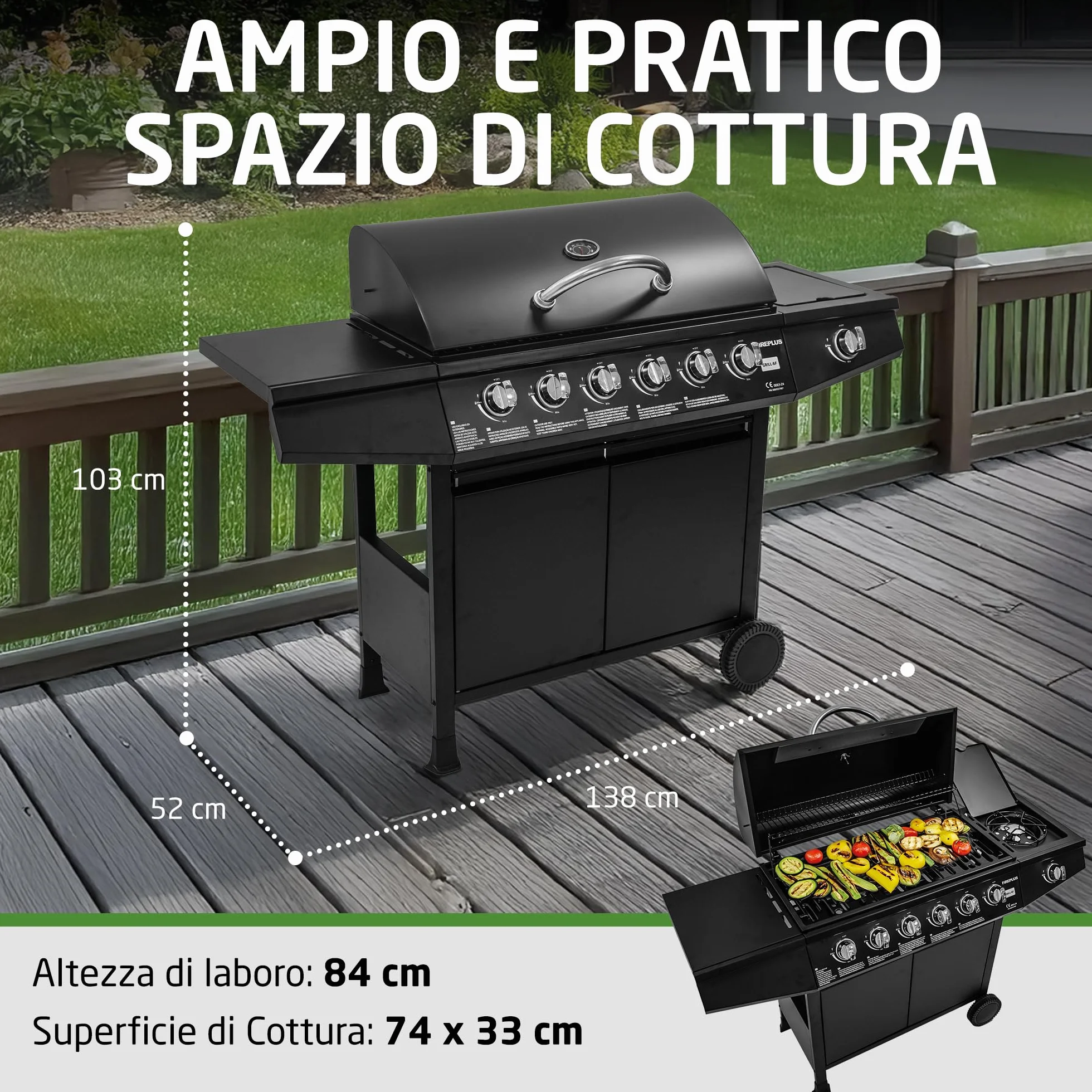Barbecue a gas Fireplus 6+1 12,9 kW Acciaio inox nero GRILL-6F 7 bruciatori 138x52x103 cm