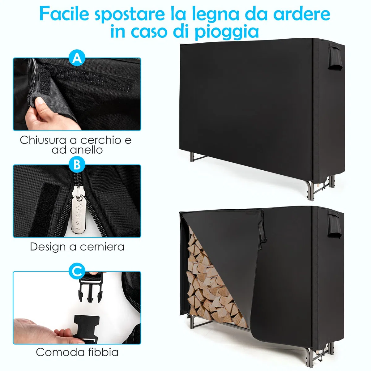 COSTWAY Porta Legna da Esterno 153 cm, Portalegna con Copertura in PVC Impermeabile e Struttura in Ferro, Nero
