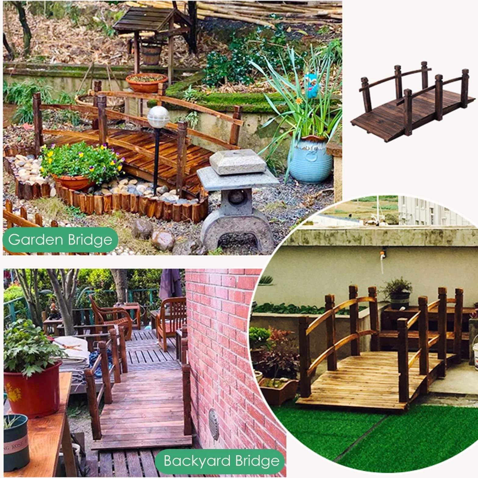 Ponte da giardino in legno per esterni, ruscelli, ponte da giardino ad arco con ringhiere di sicurezza, grande ponte decorativo per laghetto
