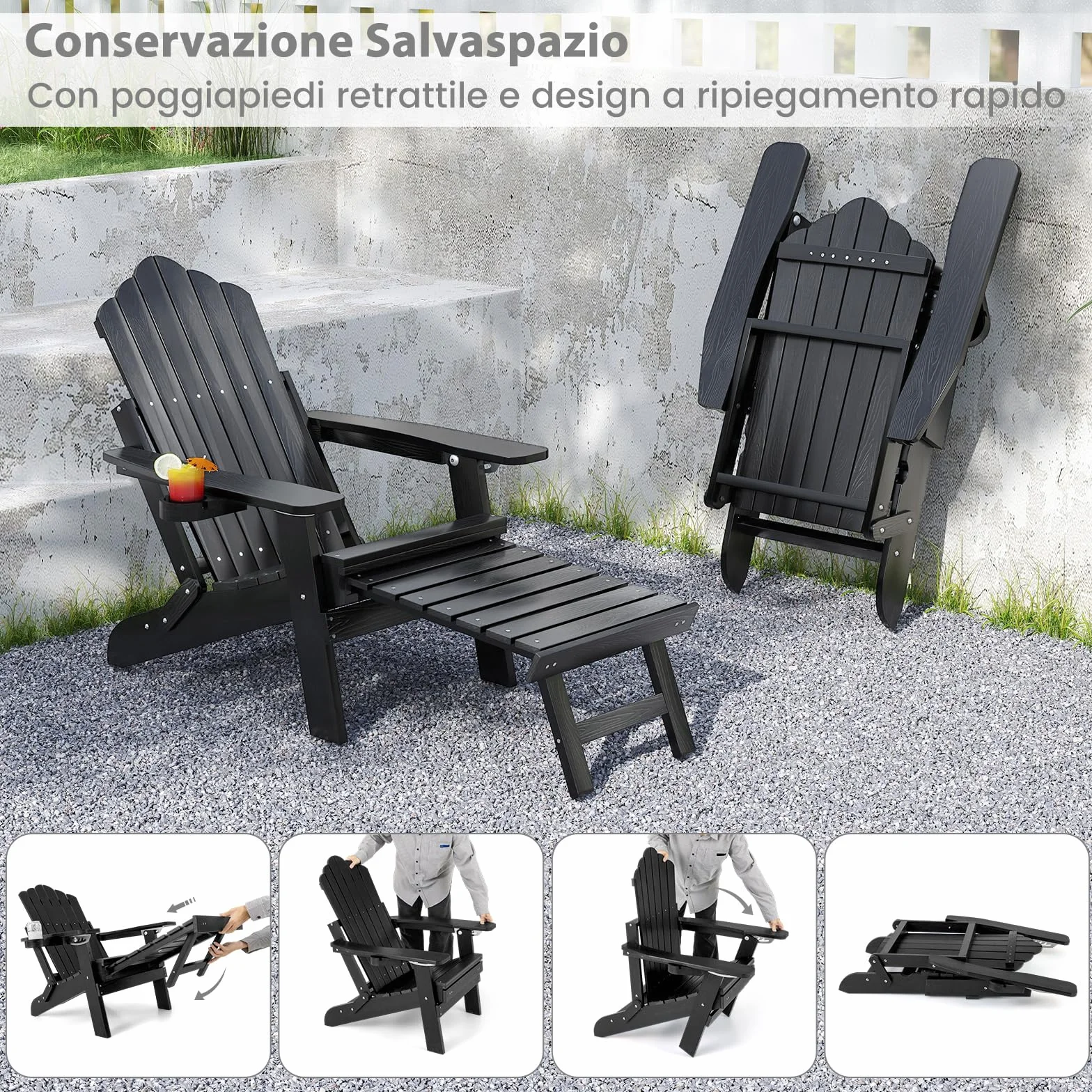 RELAX4LIFE Sedia Adirondack Esterno Pieghevole Schienale Regolabile Poggiapiedi Retrattile Portabicchiere