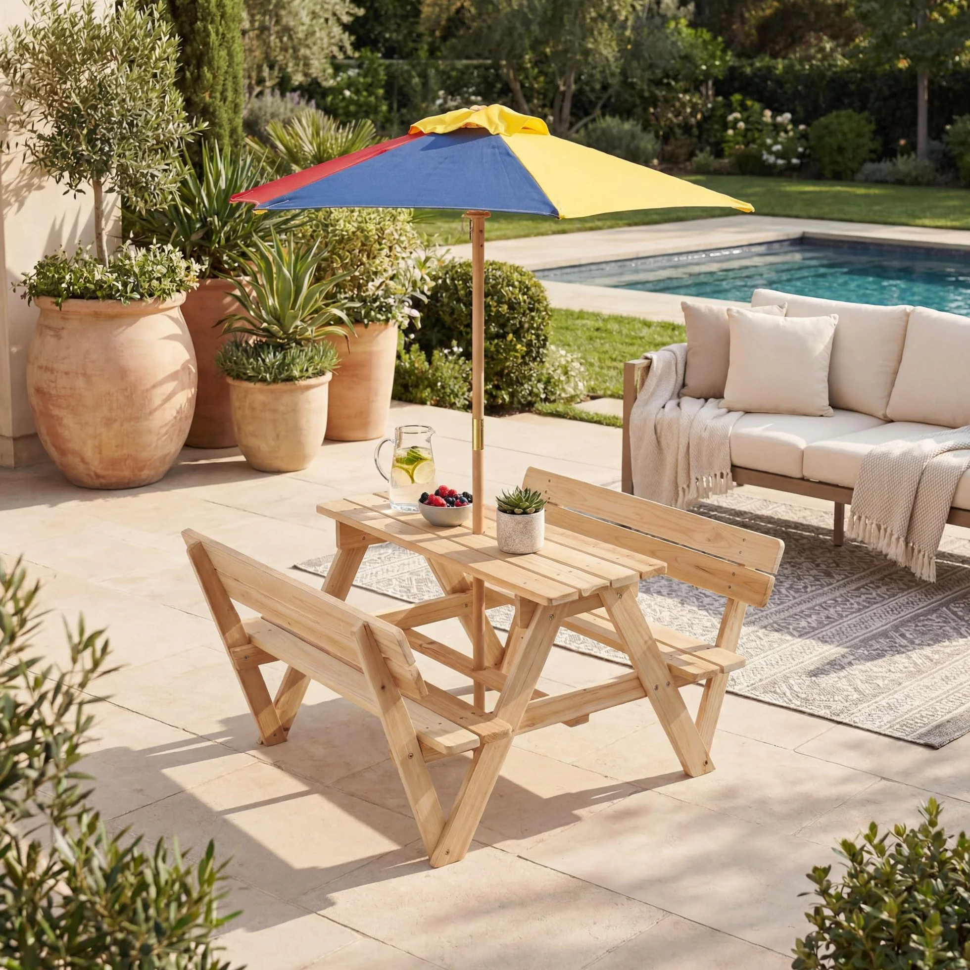 LIFEZEAL Tavolo da Picnic per Bambini con Ombrellone Rimovibile Legno Abete 4 Posti 3-8 Anni