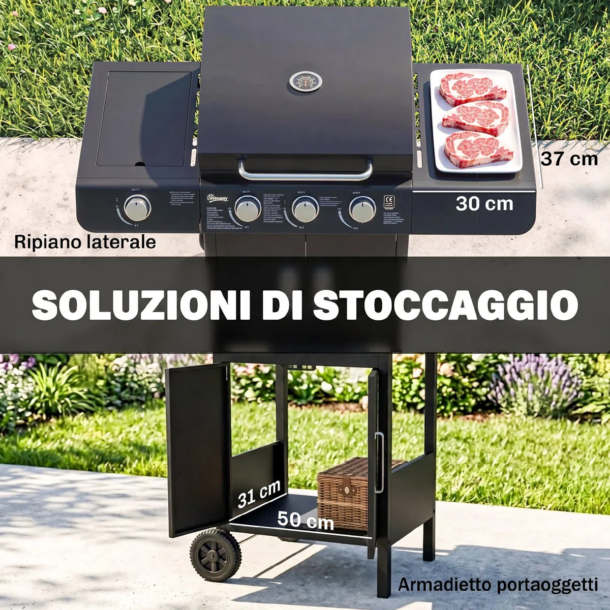 Outsunny Barbecue a Gas 4 Bruciatori 11.6kW Termometro Fornello Laterale Mensola 2 Ruote 110x50x100cm Nero