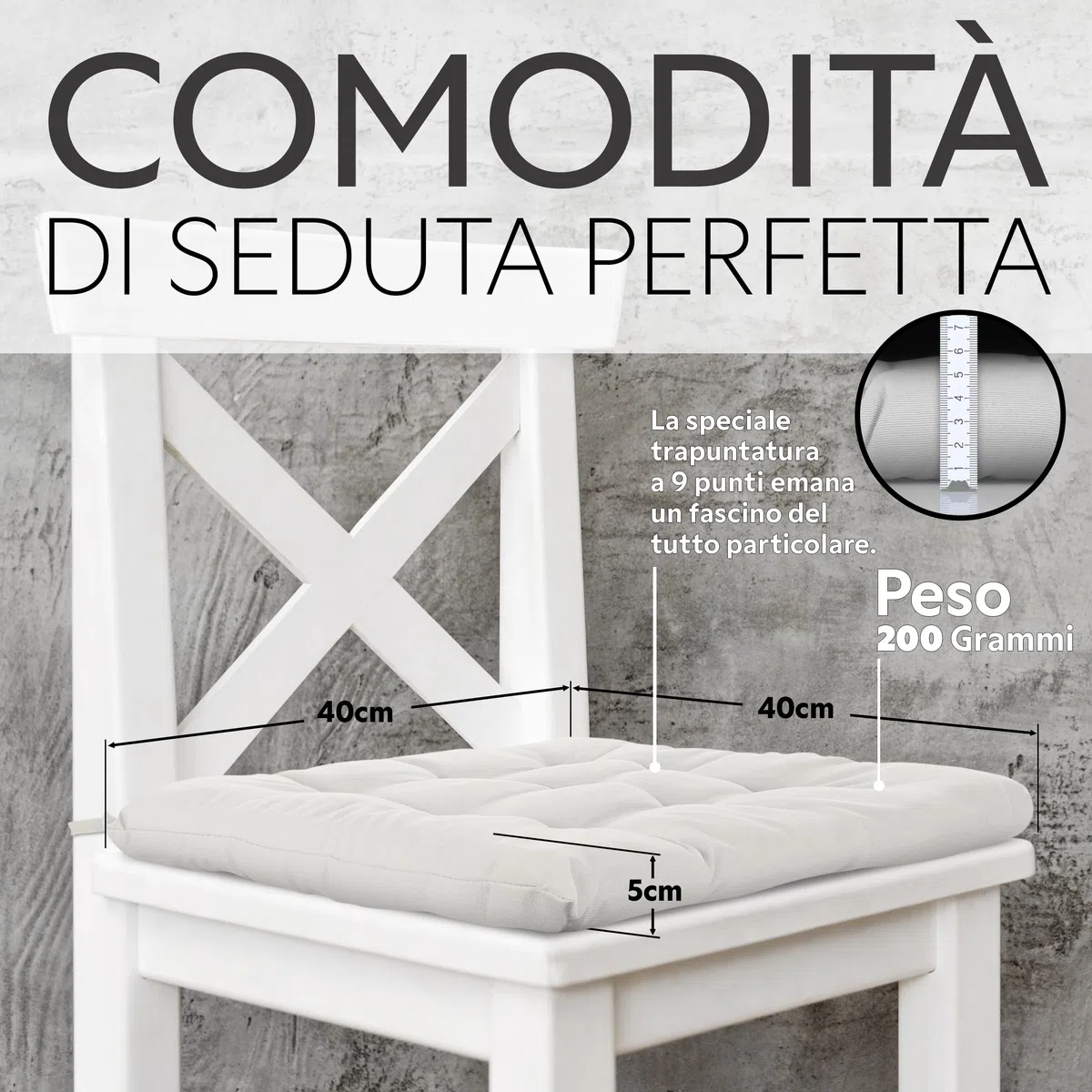 Brandsseller Set di 4 Cuscino per sedia 40x40 cm Imbottito con Cinturini di Fissaggio Bianco