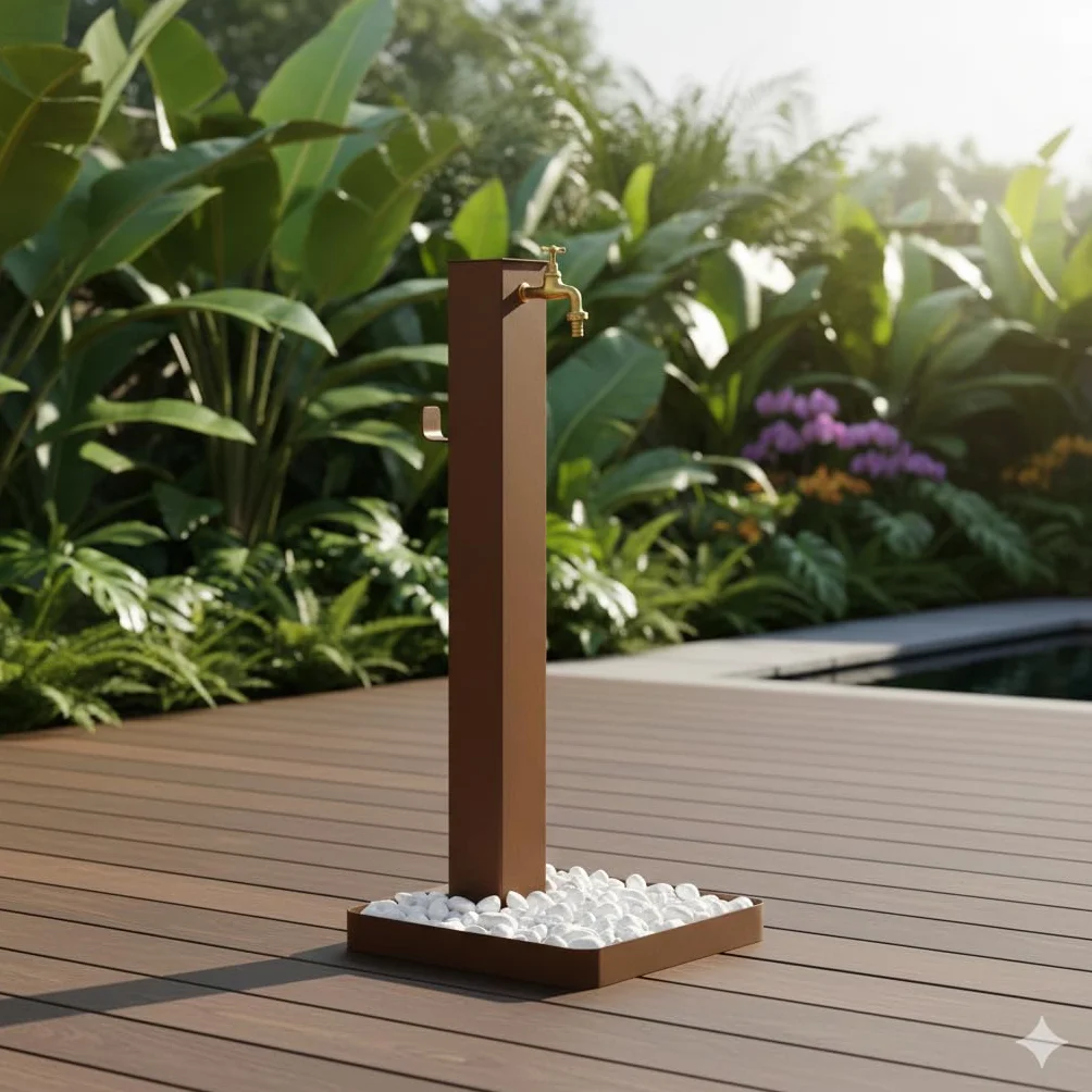 Fontana da Giardino Design a Colonna Quadrata Rubinetto in Ottone e Base con Ciottoli Corten
