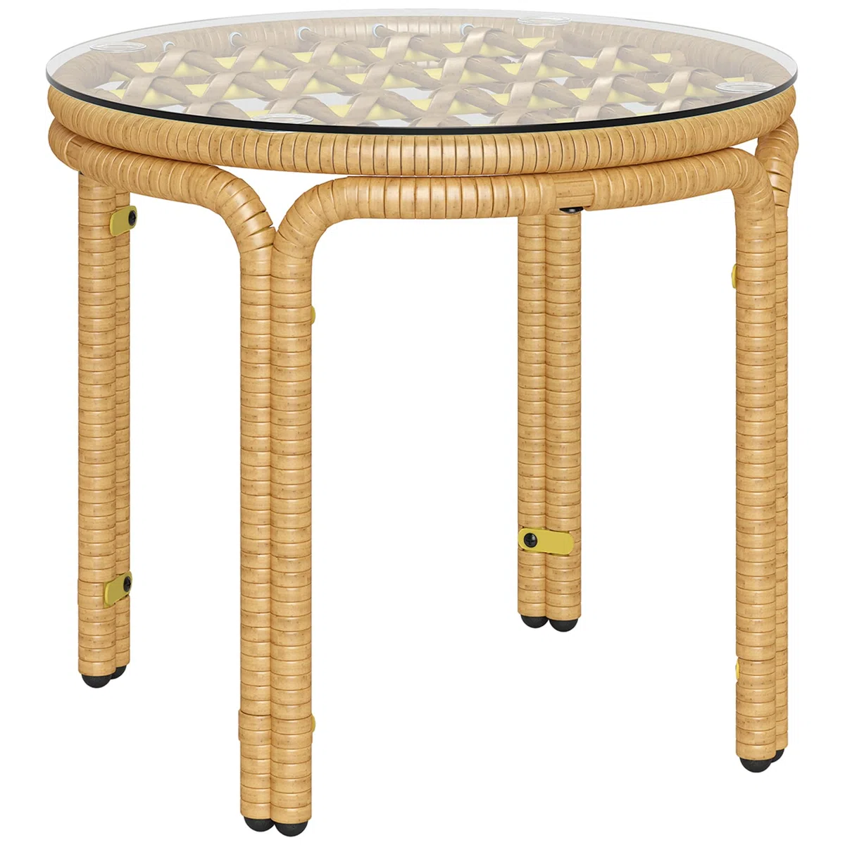 Outsunny Tavolino da Giardino in Rattan e Vetro, Tavolo da Caffè Rotondo Ø50x44 cm, Giallo