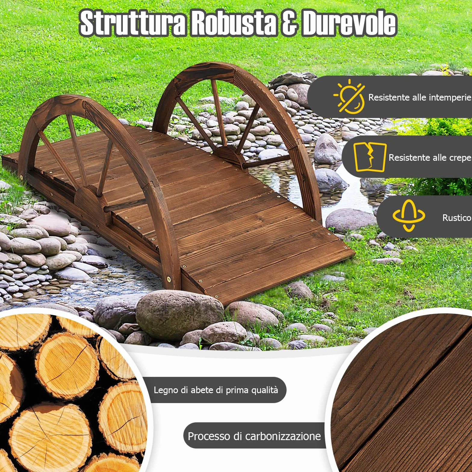 GYMAX Ponte da Giardino in Legno, con Ringhiera di Sicurezza a Forma di Ruota Finitura Tinta, da Esterno per Cortile Giardino Torrente Fattoria, 101,5 x 48,5 x 38 cm