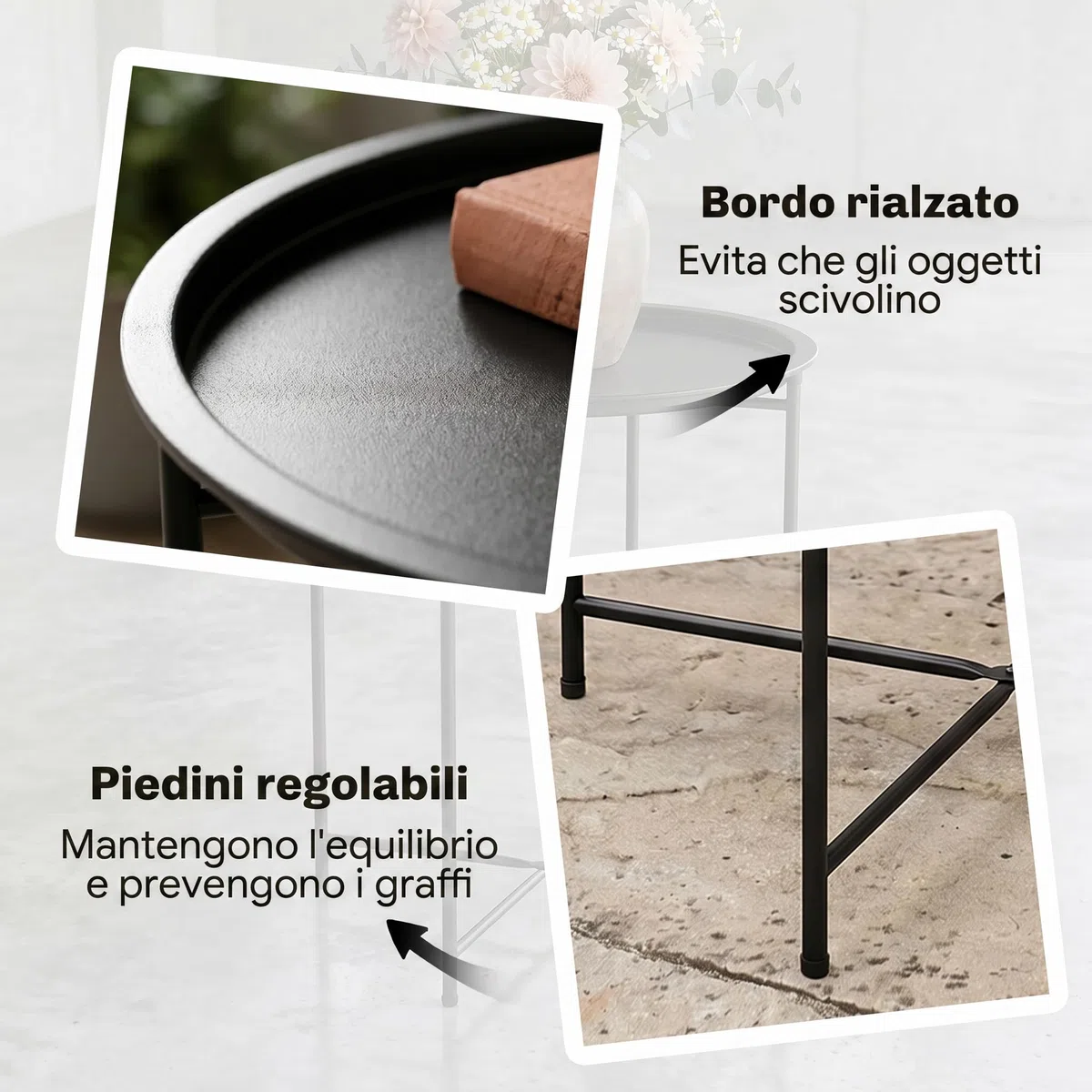 Outsunny Tavolo da Giardino Rotondo in Acciaio Ø46 cm con Vassoio Rimovibile e Gambe Pieghevoli Nero