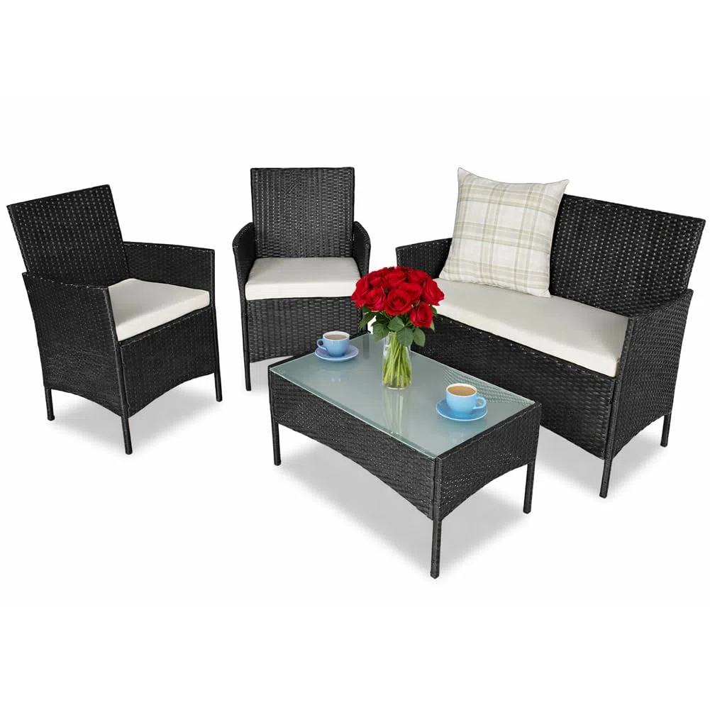 BAKAJI Set Salotto Completo di Divano 2 Poltrone e Tavolino in Vetro e Poly Rattan Struttura in Acciaio con Cuscini Sfoderabili Arredo Giardino Terrazzo Nero
