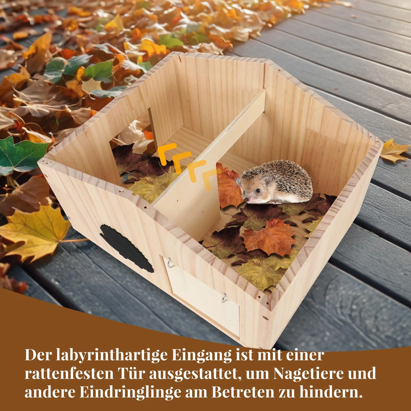 Casetta per ricci in legno con patta in rattan e fondo, resistente all'inverno, con ingresso labirinto e tetto inclinato, casa per riccio a prova di gatti, per giardino, cortile, esterno