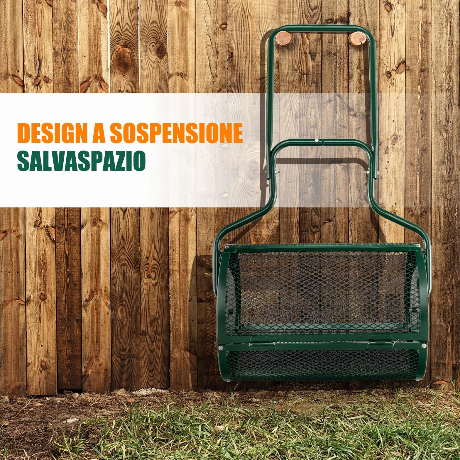 RELAX4LIFE Spandiconcime da 75L, Larghezza 60 cm, Ø Rullo: 41 cm, Spanditore da Giardino/Prato con Cestello in Rete Metallica e Manico, per Compost, Torba, Semi e Terriccio (41 x 60 cm,Verde)