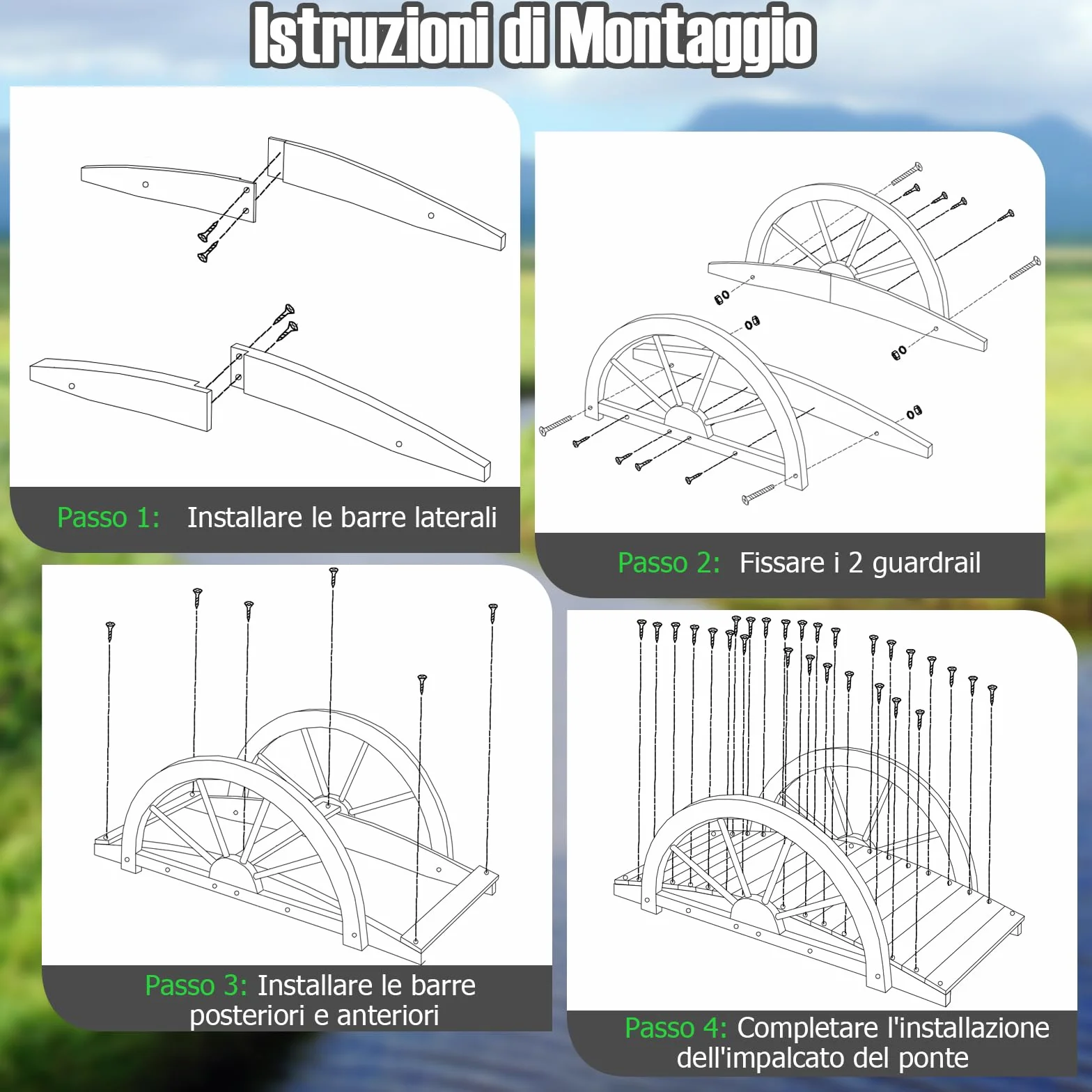 GYMAX Ponte da Giardino in Legno, con Ringhiera di Sicurezza a Forma di Ruota Finitura Tinta, da Esterno per Cortile Giardino Torrente Fattoria, 101,5 x 48,5 x 38 cm