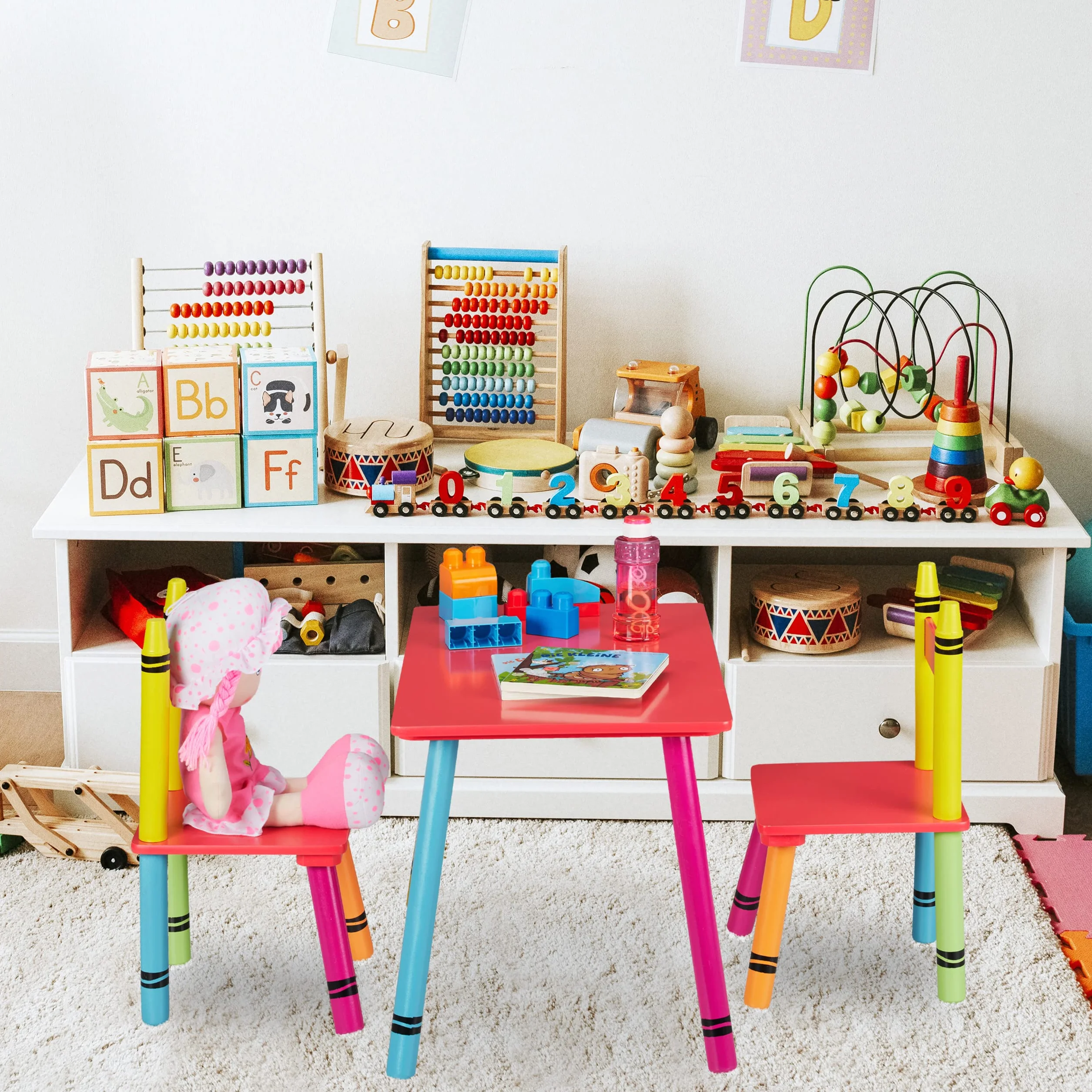 Relaxdays Set Tavolino e Sedie per Bambini e Bambine, Tavolo Basso con 2 Sedioline, in MDF e Legno di Pino, Colorato