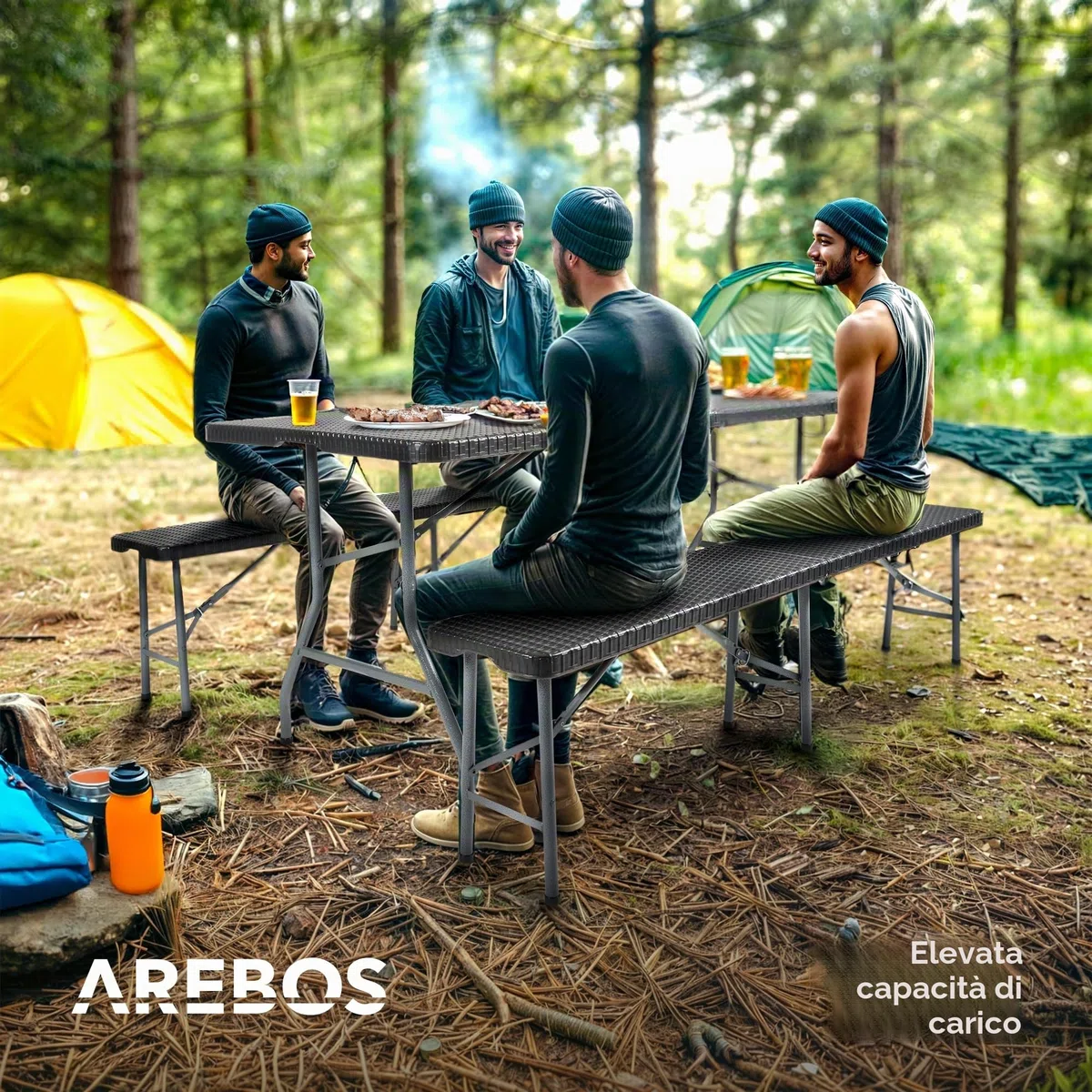 AREBOS Set tavolo pieghevole da campeggio con 2 panche | Set tavolo da giardino effetto rattan per 8 persone | Resistente UV e intemperie | Struttura in acciaio stabile | Facile da trasportare