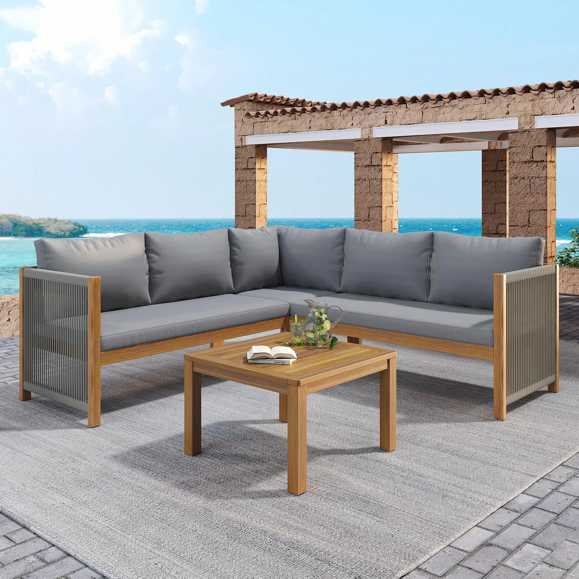 Lubvtti Set giardino esterno,divano da esterno + tavolino,mobili da giardino,struttura in acacia, piano in acacia,lavorazione artigianale in corda intrecciata, adatto per il giardino, grigio