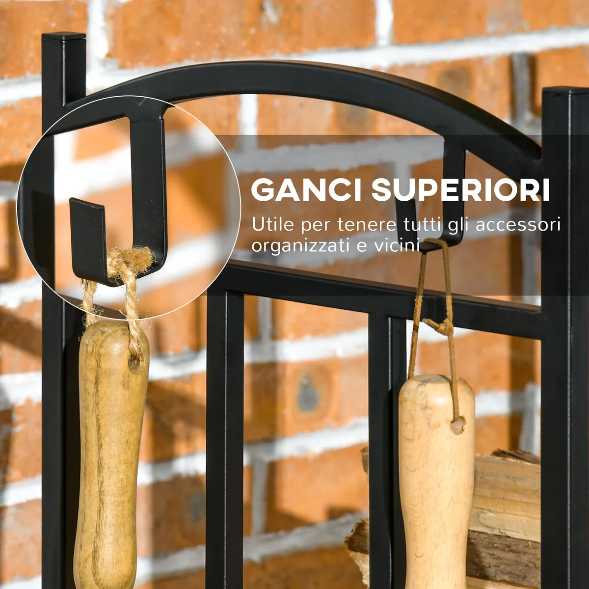 Outsunny Scaffale Portalegna 3 Livelli, Legnaia in Metallo con Ganci per Attrezzi, Nero