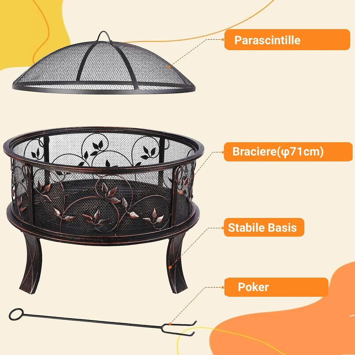 TLGREEN Braciere da giardino, braciere da Esterno con parascintille, stabile, fire pit 71 x 65 cm, con griglia per poker, 4 PCS piede, campeggio, spiaggia, tetto, look retrò, squisito motivo erba