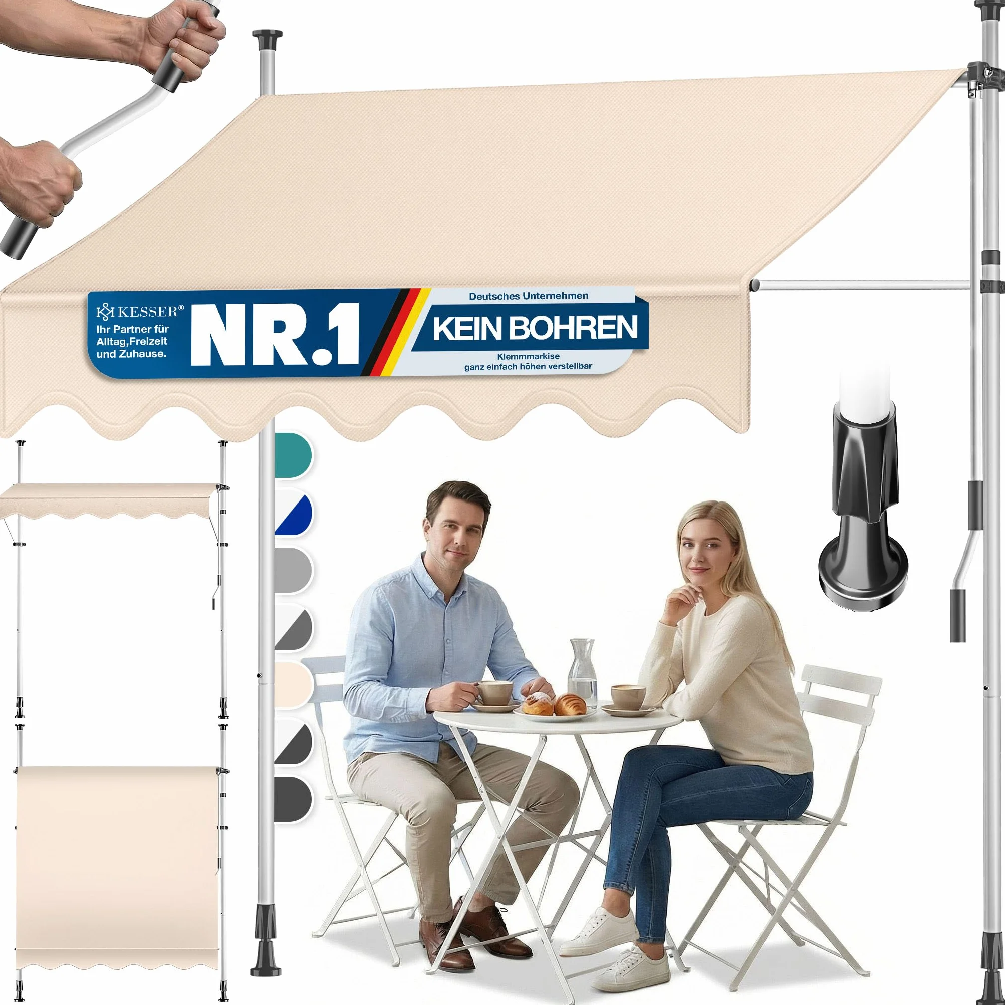KESSER® Tenda da Sole a Morsetto con Manovella per Balcone, Regolabile in Altezza, Idrorepellente, Protezione Solare, Beige, 350cm