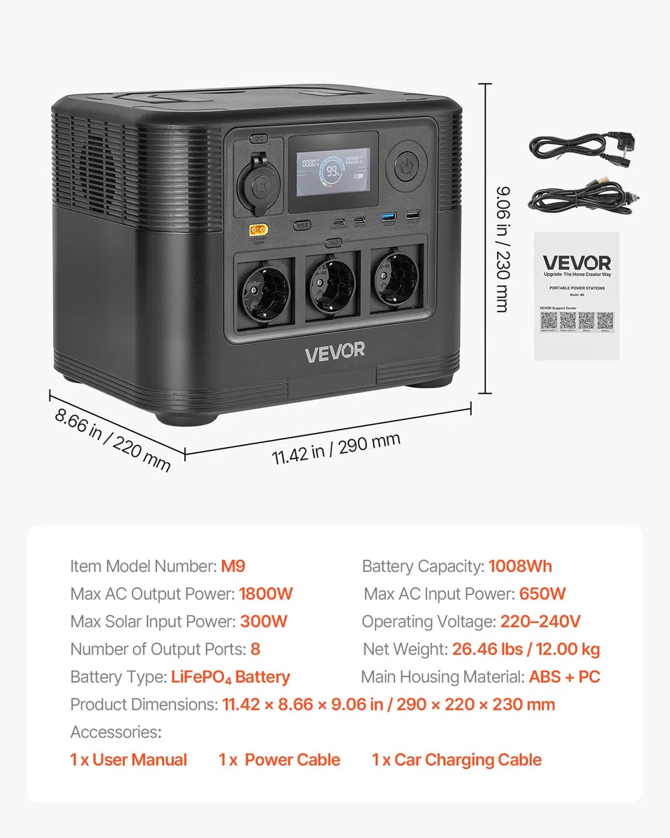 VEVOR Centrale Elettrica Portatile Generatore Solare da 1800 W Batteria di Backup LiFePO4 da 1008 Wh con 8 Porte di Uscite per Campeggio Viaggio Camper Emergenza, Pannello Solare Non Incluso
