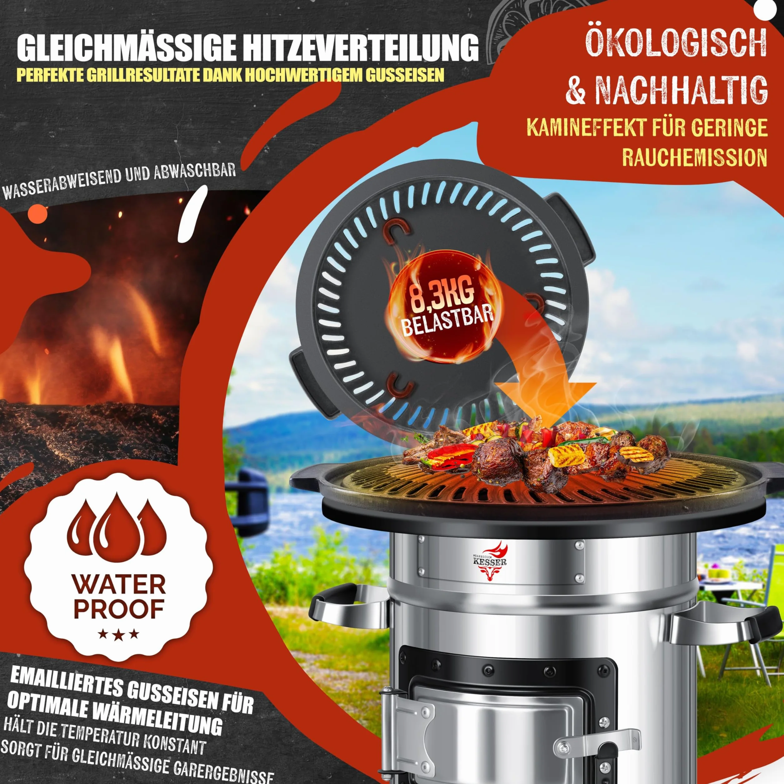 KESSER® Piastra per Forno a Razzo, Olandese, a Legna da Campeggio, Barbecue