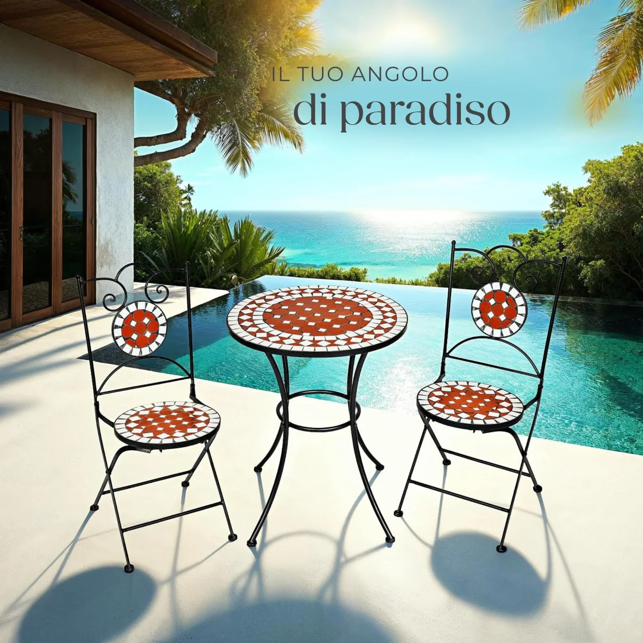 tectake Set da Giardino con Lavorazione a Mosaico, Tavolino e Sedie Pieghevoli, Telaio in Metallo, Marrone