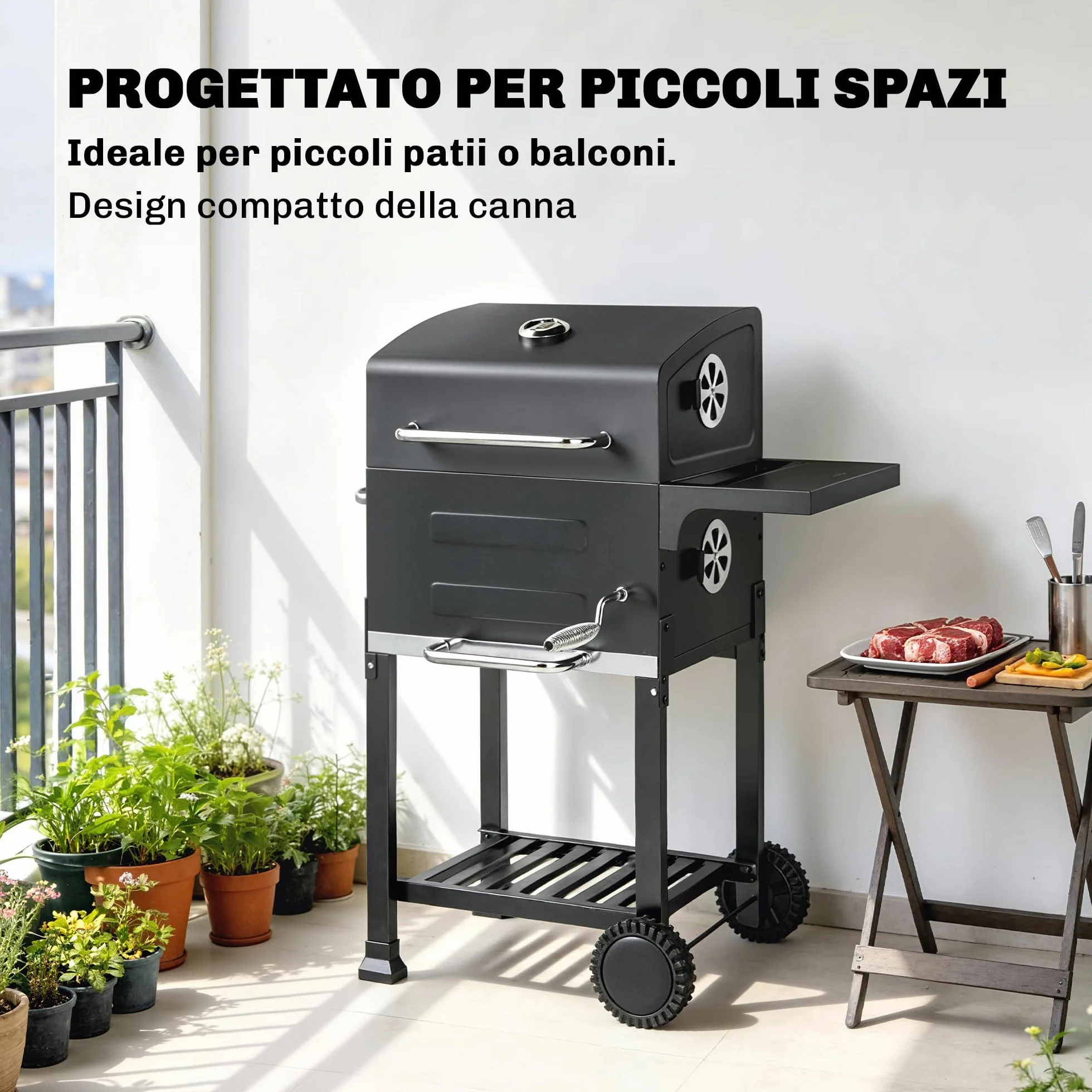 Outsunny Barbecue Carbonella Stretto z Rusztem, Regulowany Nawiew, Wózek BBQ z Pokrywą, Stal, Półka, Termometr, Popielnik, Czarny