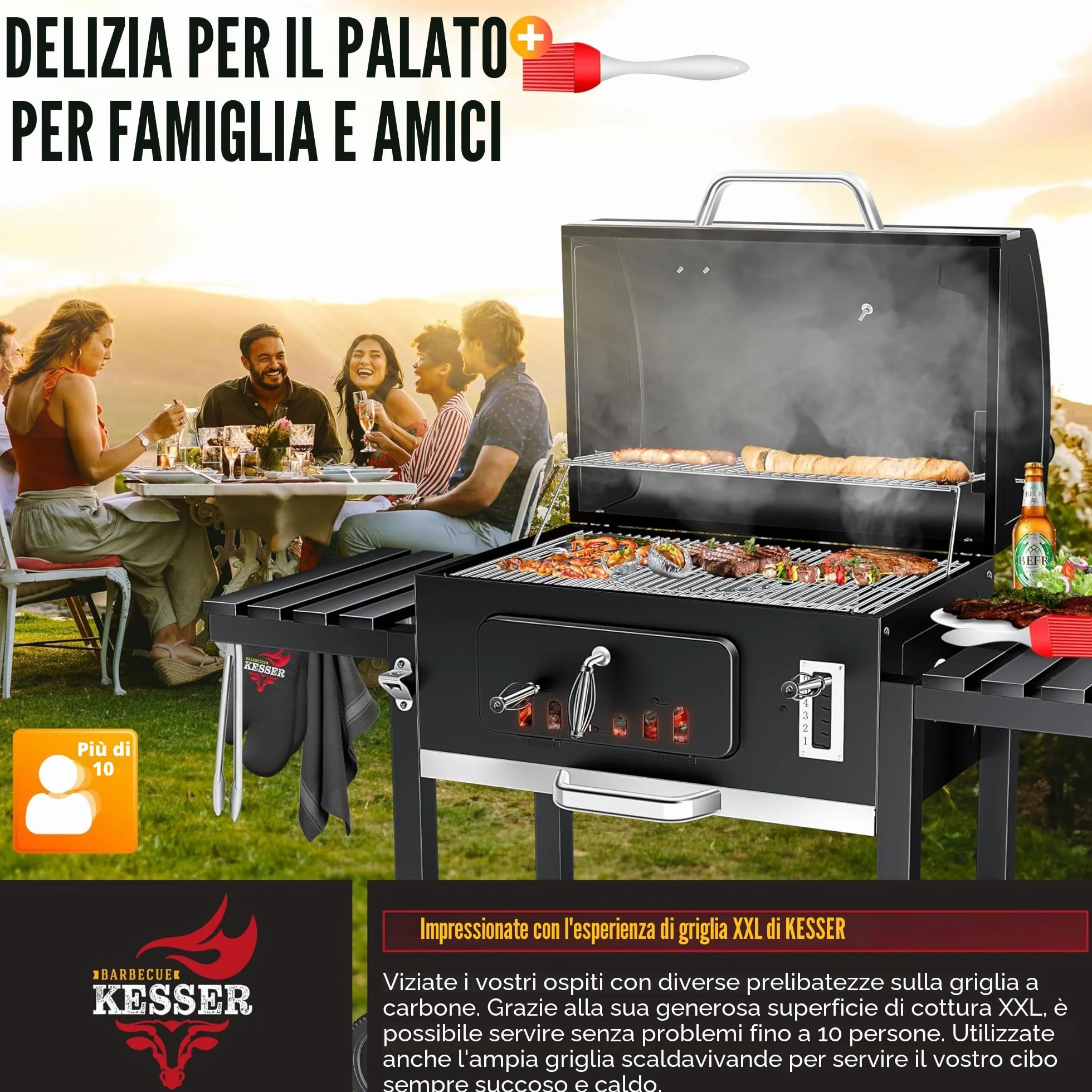 KESSER® Barbecue a carbonella XXL con Carrello, Coperchio, Acciaio Inox, Griglia e Termometro