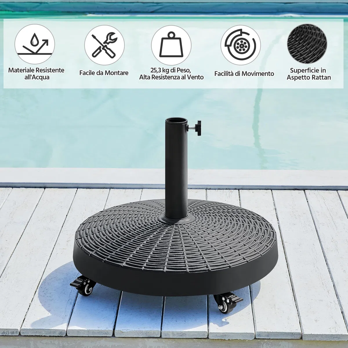Yaheetech Base per Ombrellone da Giardino in Resina con Ruote da 25,3 kg Supporto per Pali da Ø38 mm e Ø48 mm Simile Rattan Esterno Veranda Terrazza Piscina Spiaggia Patio Nero