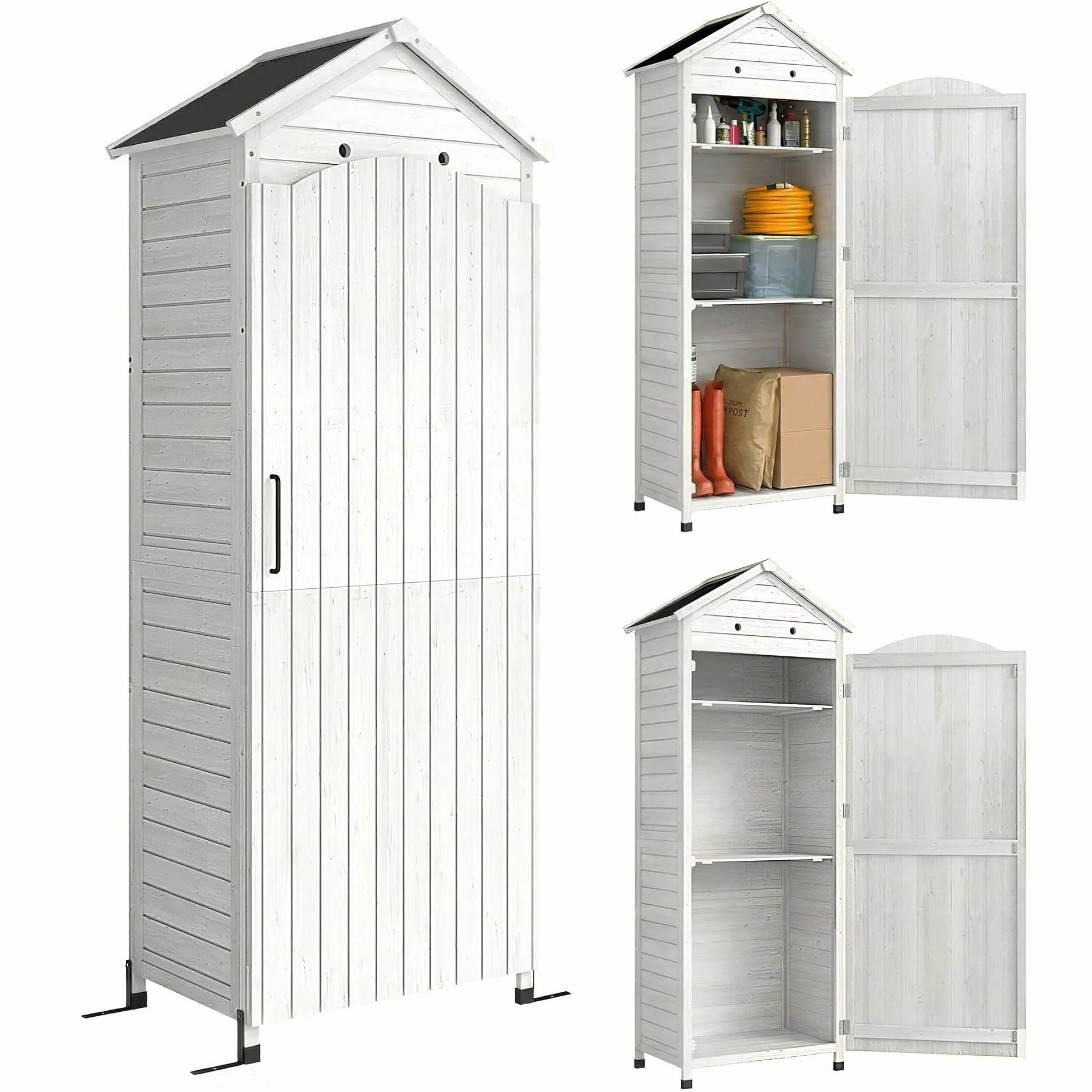Outsunny Armadio da Giardino in Legno Alto, Casetta Porta Attrezzi da Esterno con Tetto Inclinato Zincato, Ripiani Regolabili, Prese d'Aria, Kit Antiribaltamento, 85x58x213cm, Finitura Goffrata Bianco