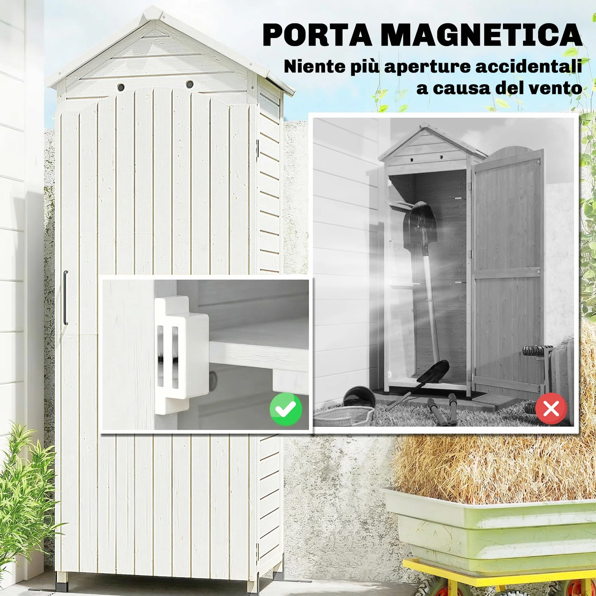Outsunny Armadio da Giardino in Legno Alto, Casetta Porta Attrezzi da Esterno con Tetto Inclinato Zincato, Ripiani Regolabili, Prese d'Aria, Kit Antiribaltamento, 85x58x213cm, Finitura Goffrata Bianco