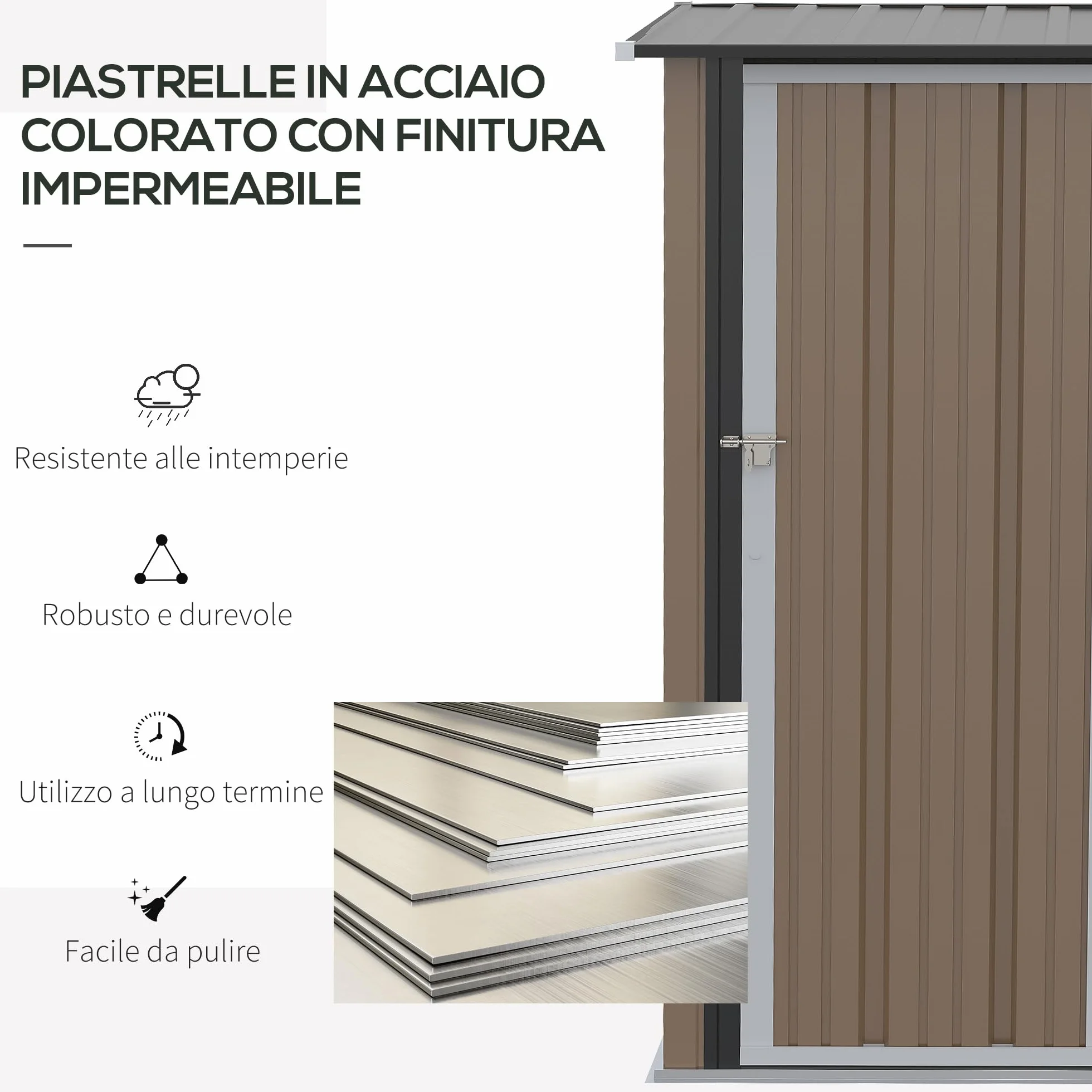 Outsunny Casetta da Giardino Porta Utensili in Lamiera di Acciaio 142x84x189cm Marrone